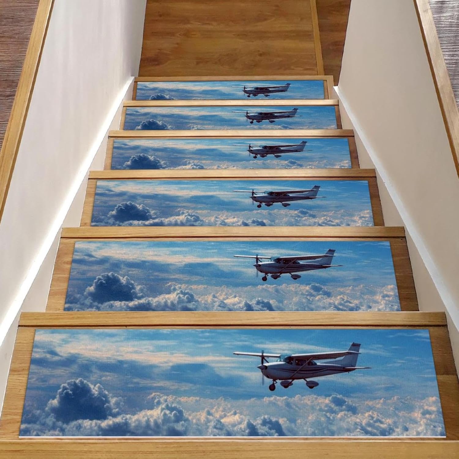 Stair Treads for Wooden Steps Indoor, Staircase Step Treads Non Slip Carpet Stair Runner for Kids Elders Dogs Pets, Aviation Airplane with Sky (1) Washable Stair Mat 15 Pack