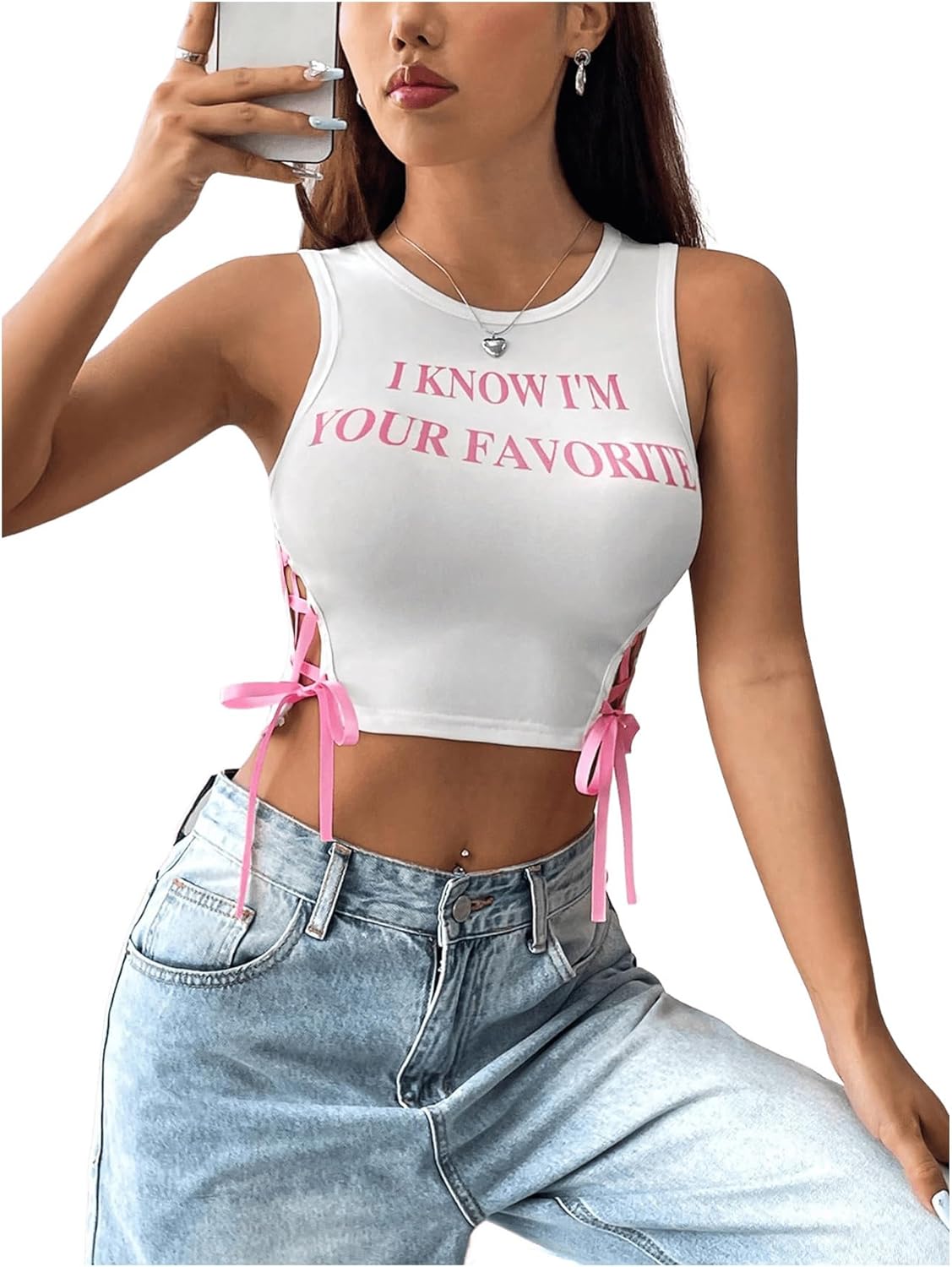 SHENHE Women's Letter Print Lace Up Round Neck Slim Fit Crop Going Out Tank Tops - Image 6
