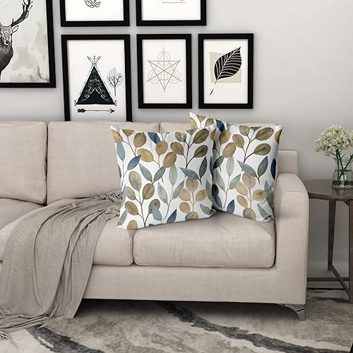 Miniatura 6 de Kawani Juego de 2 fundas de almohada doradas de hojas de eucalipto de 16 x 16 pulgadas, fundas de almohada de acuarela de eucalipto primaveral,