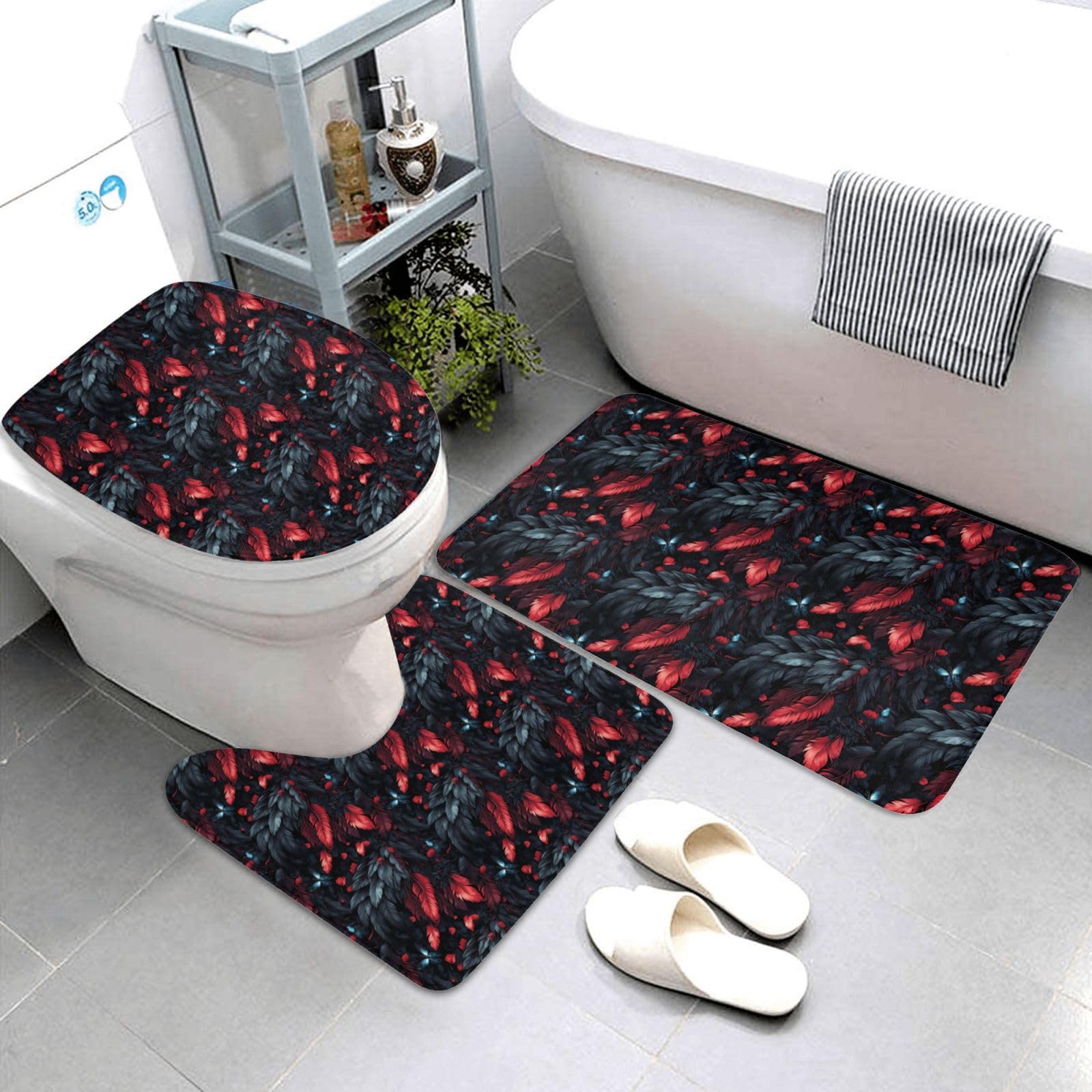 Tapis de salle de bain lot de 3 plumes noires rouges antidérapants