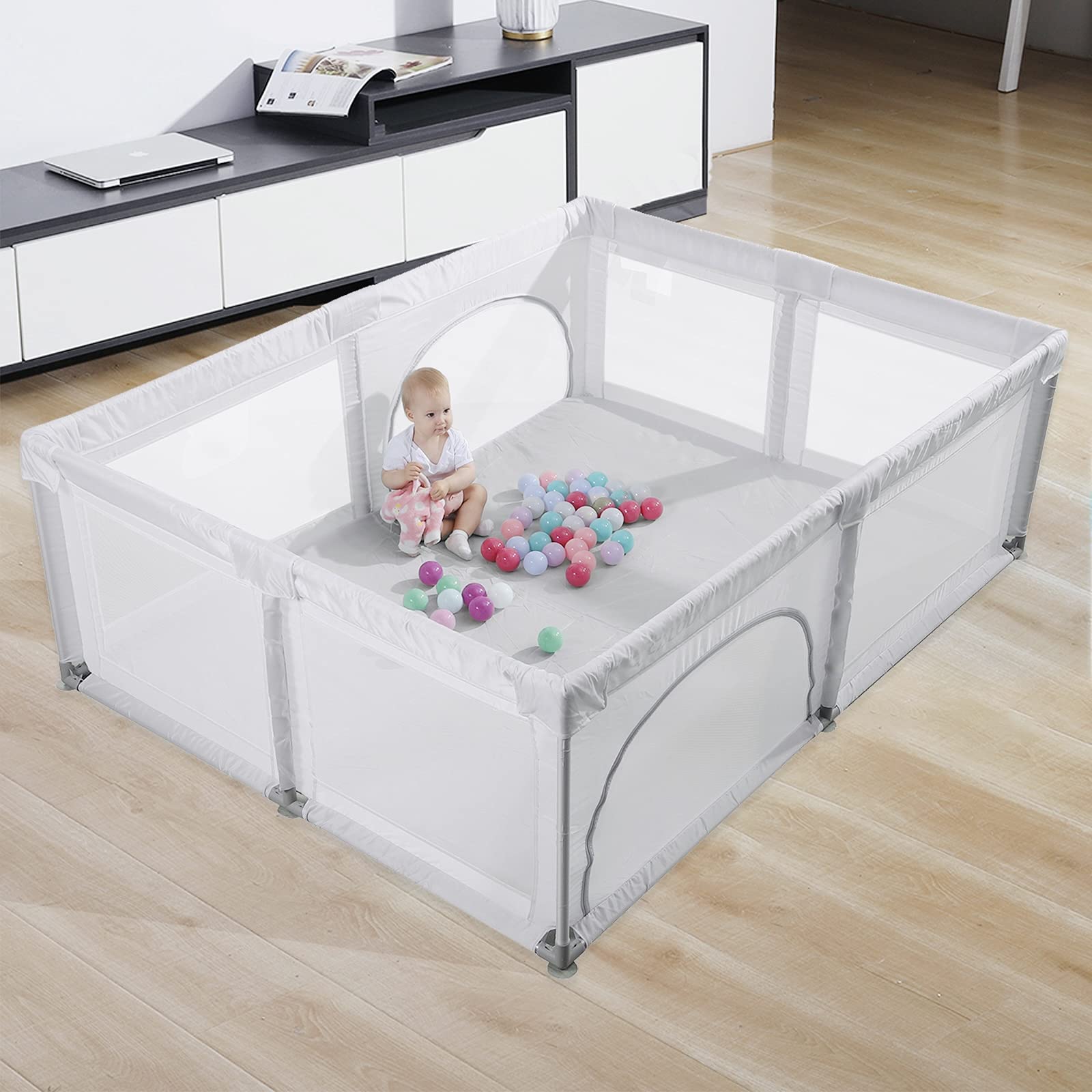 Calody Oxford Cloth Baby Playpen, Playpen for Babies, Extra Large Play Yard for Infants Toddlers, Indoor Safety Kids Activity Center, Anti Fall Baby Fence with Window Gates(79x59x27 Inches, Grey)