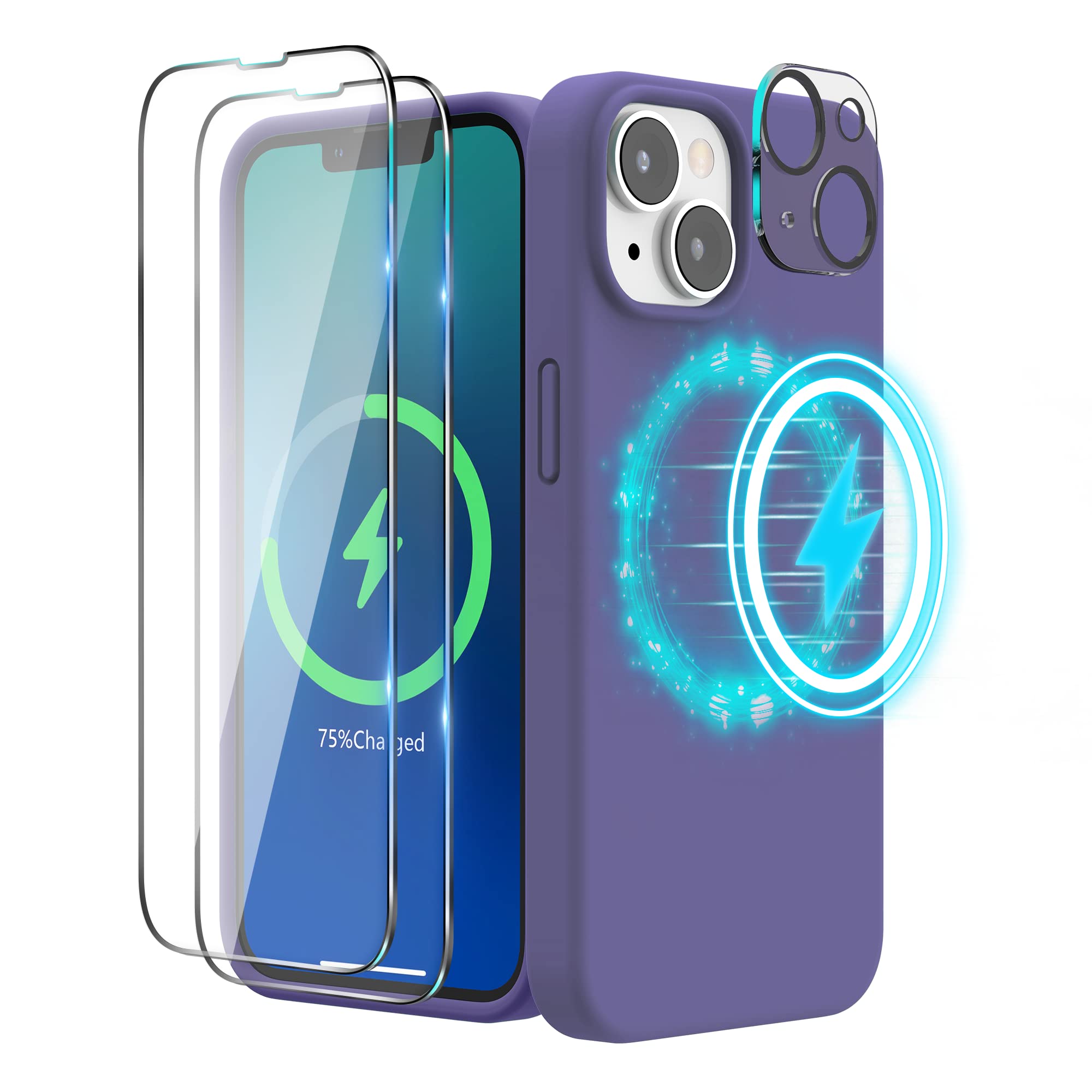 SURPHY (4 in 1 Designed for iPhone 14 Case Compatible with MagSafe (6.1 inch, 2022), with 2 Pack Screen Protector + Camera Cover, Liquid Silicone Phone Case (Violet)