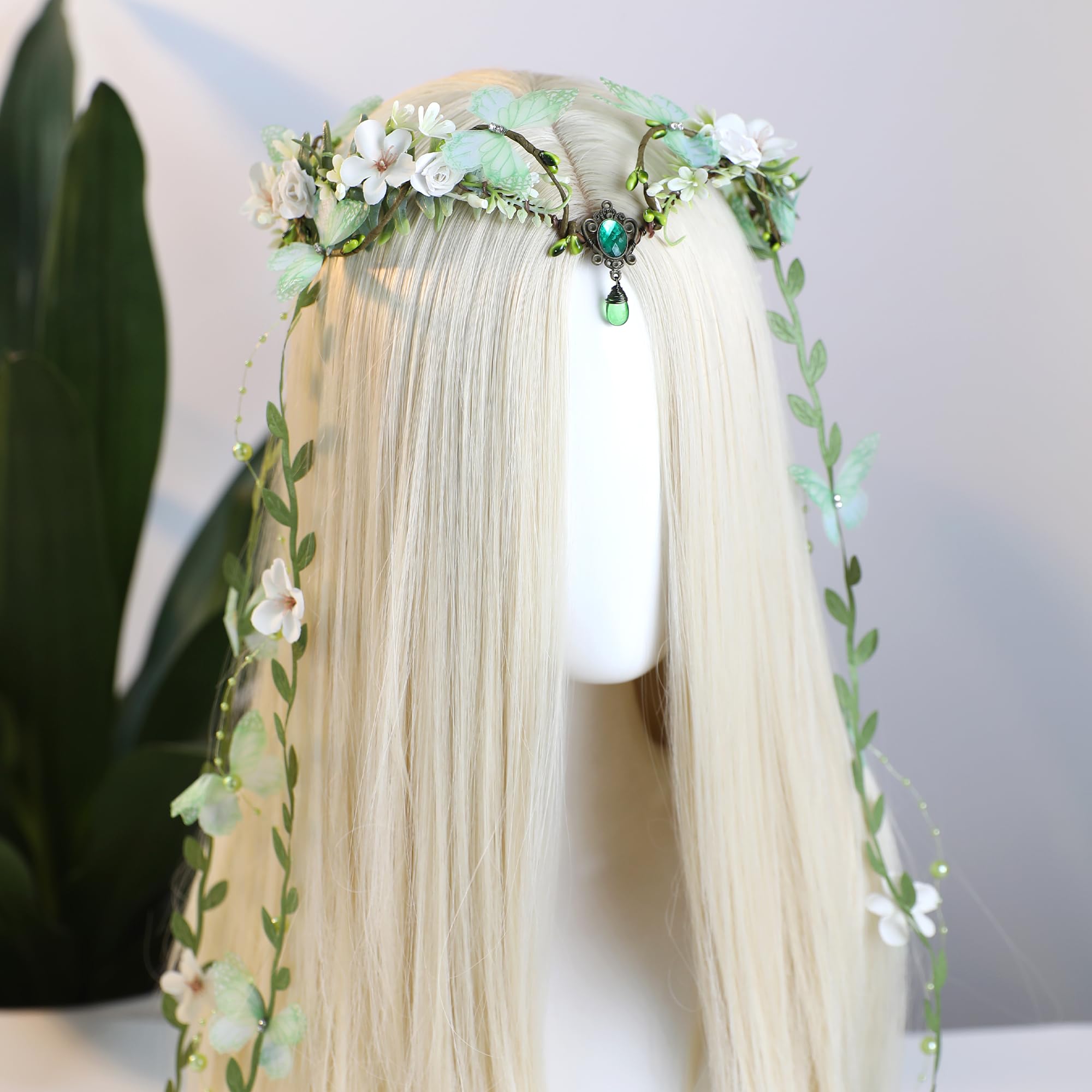 MOSTORY Couronne d'elfes - Bijou de tête de fée de la forêt - Costume de carnaval - Couronne de fleurs vert forêt - Elfe - Papillons - Compas floral - Forêt - Elfes - Esthétique - Pour femme