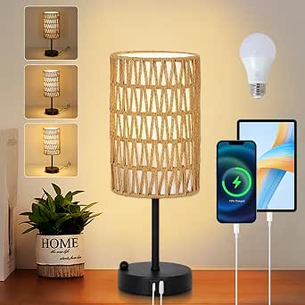 Touch Table Lamp for Bedroom with Rattan & Linen Shade, 3-Way Dimmable Bedside Lamp with USB Charging Port & Phone Stand