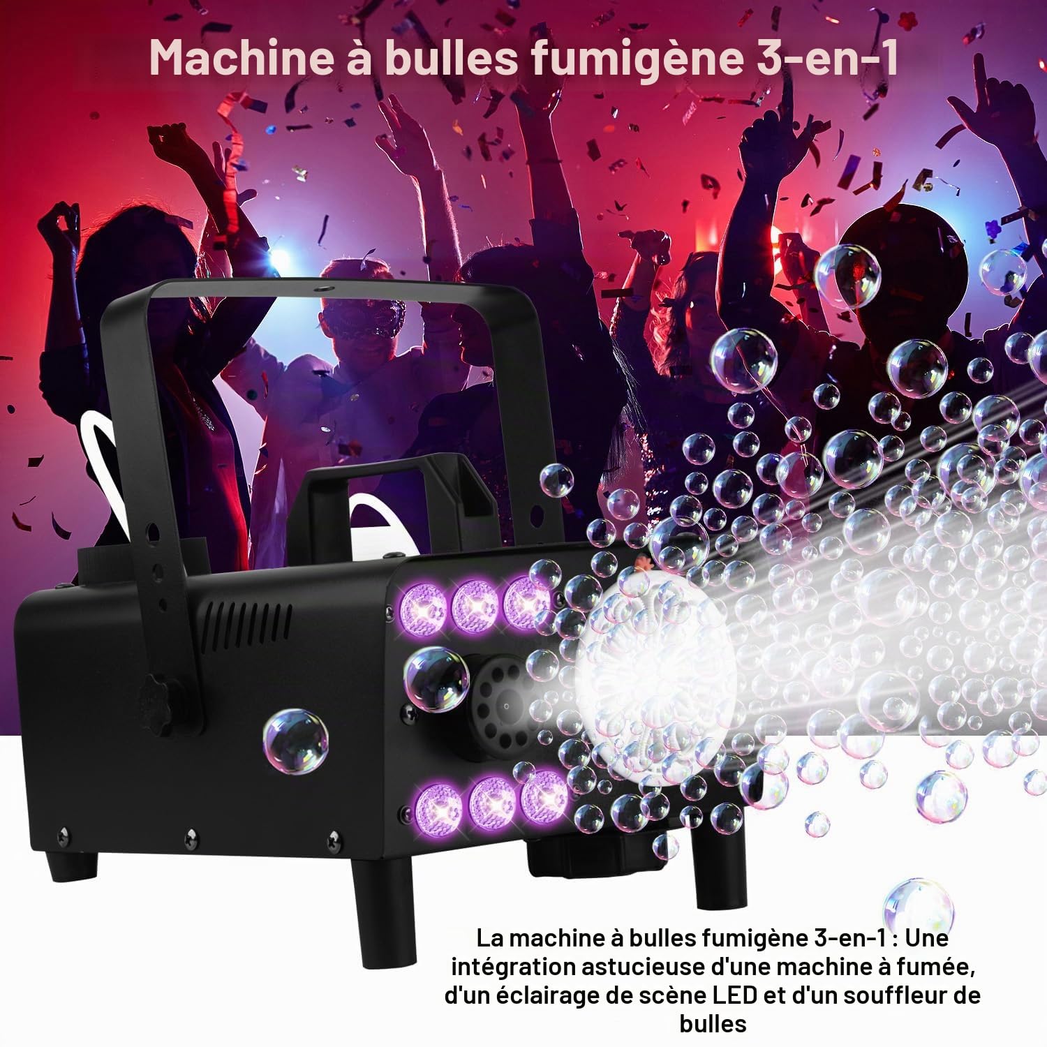 Machine à bulles de fumée 3 en 1 avec lumières LED et télécommande sans fil, souffleur à bulles, éclairage RGB pour fêtes, mariages, Halloween, Noël