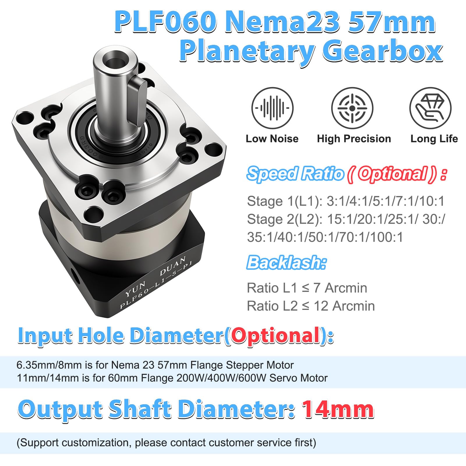 Rapport de vitesse 10:1 Réducteur de vitesse planétaire 7 arc-min 16 Nm 4000 tr/min pour arbre de 8 mm/6,35 mm Moteur pas à pas Nema23 57 mm, boîtes de vitesses pour machine à tour CNC, routeur