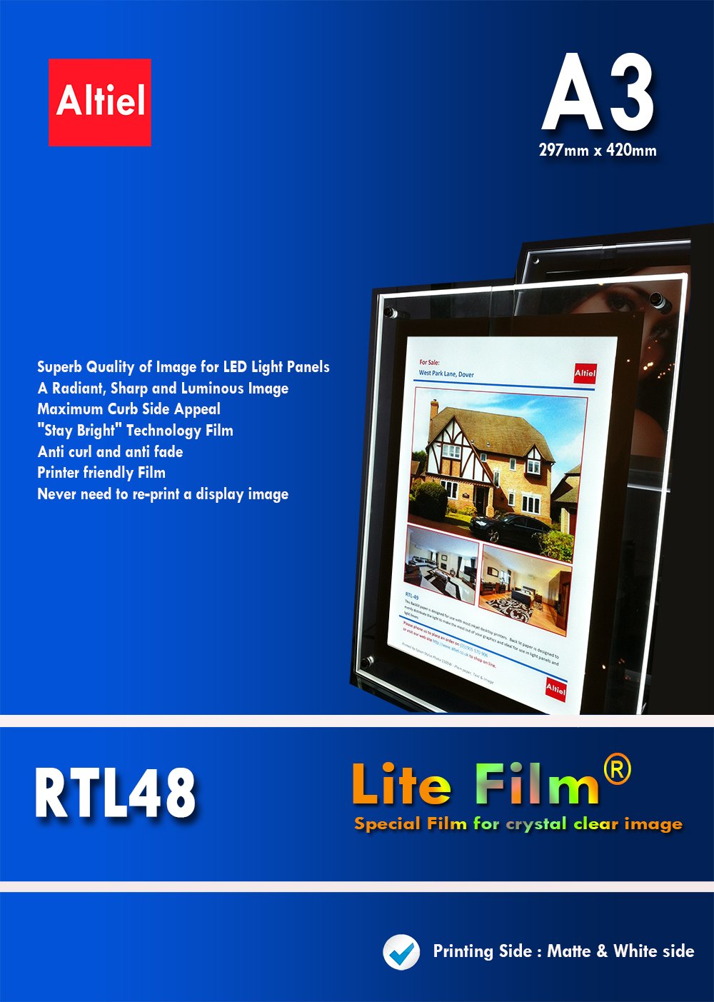 RTL48 - A4, A3 & A2 Sheets Lite Film® for Any Inkjet Printers - Back lit Paper | Back Lit Film | Backlit Film for LED Light Pocket | LED Light Panels (Packing: A3 x 10 Sheets)