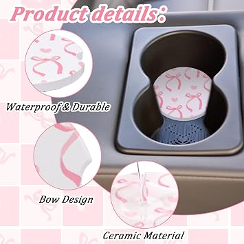 2PCS Pink Bow Car Coasters, 2.6 Inch Diameter Ceramic Coasters for Cup Holders, Cute Car Accessories & Decor for Women, Girly Cars Essentials for Anti Slipping with Finger Notch
