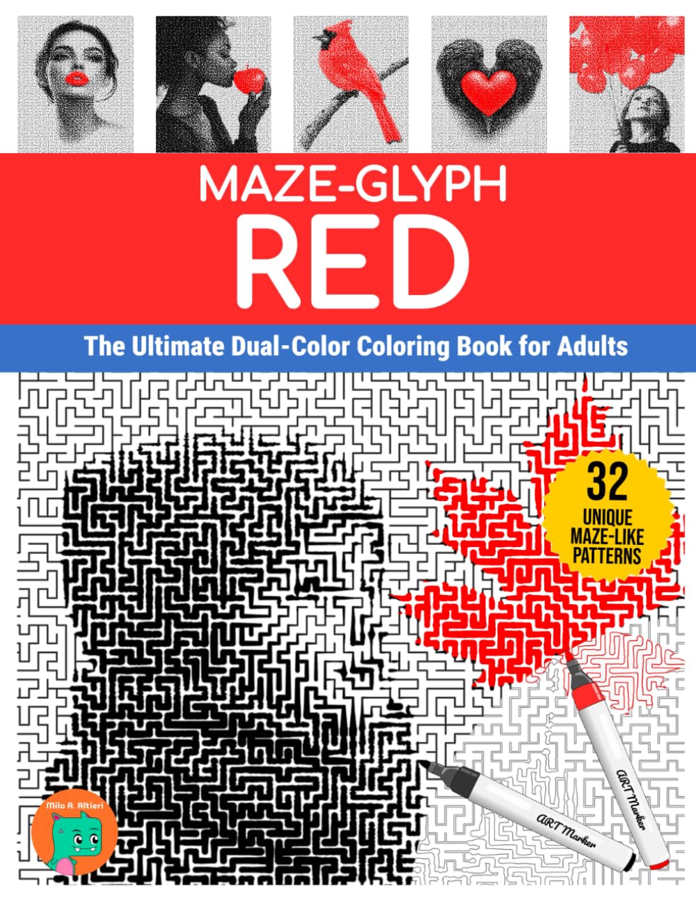 Maze-glyph Red: The Ultimate Dual-Color Coloring Book for Adults