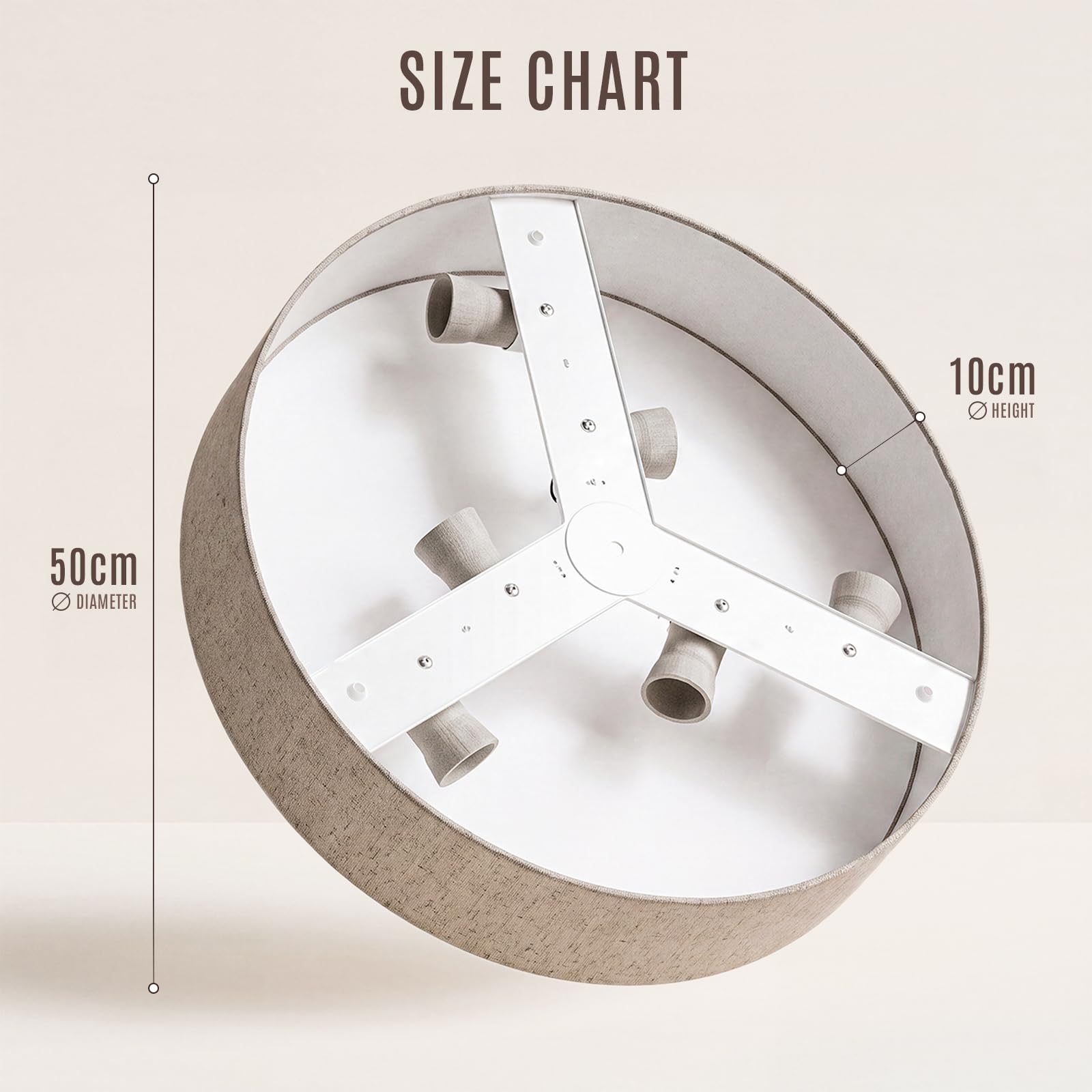 LQWELL Lampada da Soffitto in Tessuto, Plafoniera Rotonda con Paralume in Lino, Attacco E27 x 6, max.40W, Ø50cm x H10cm, Colore naturale, per Soggiorno, Camera da Letto, Sala da Pranzo, Ufficio