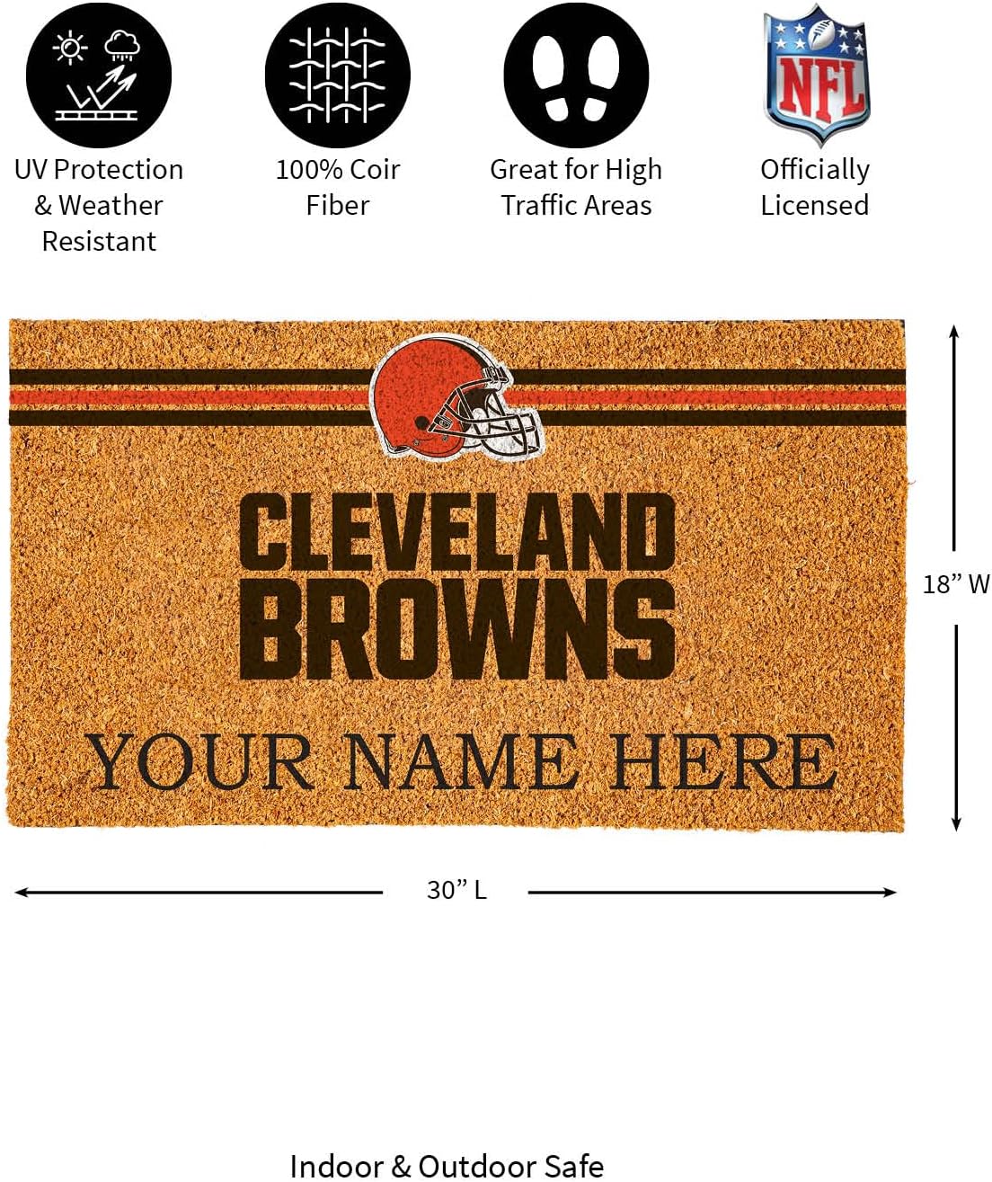 Team Sports America NFL Cleveland Browns Personalized Coir Door Mat, 18 x 30 Inches Custom Name Doormat with Non Slip Back, Front Door Welcome Mats