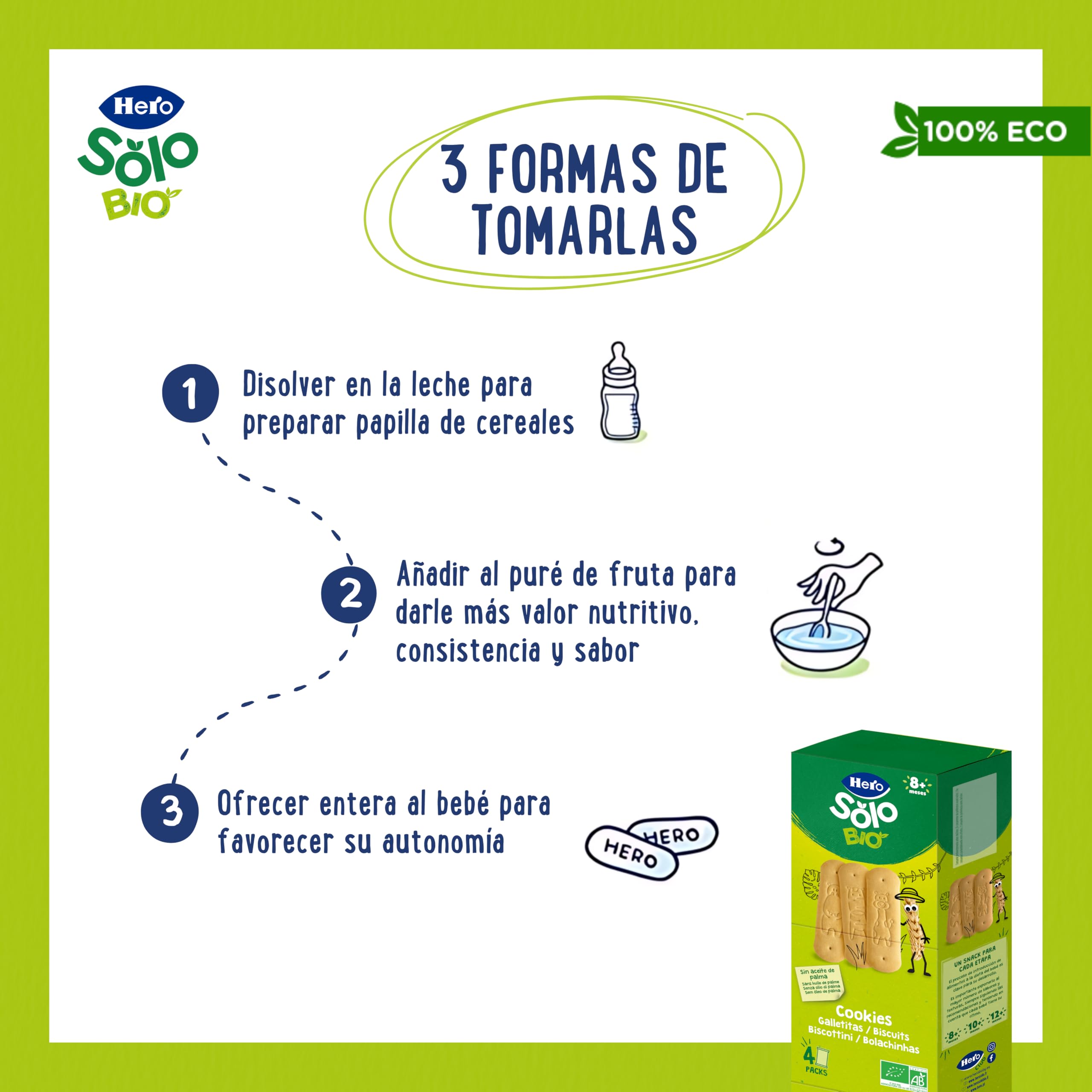 Hero Solo, Pack Galletas Ecológicas Cookie Biscuit, Ingredientes 100% Naturales, Base de Cereales, Harina de Trigo, Sin Aceite de Palma, A Partir de 8 Meses, 160gx6uds, Para Bebés Desde 8 Meses