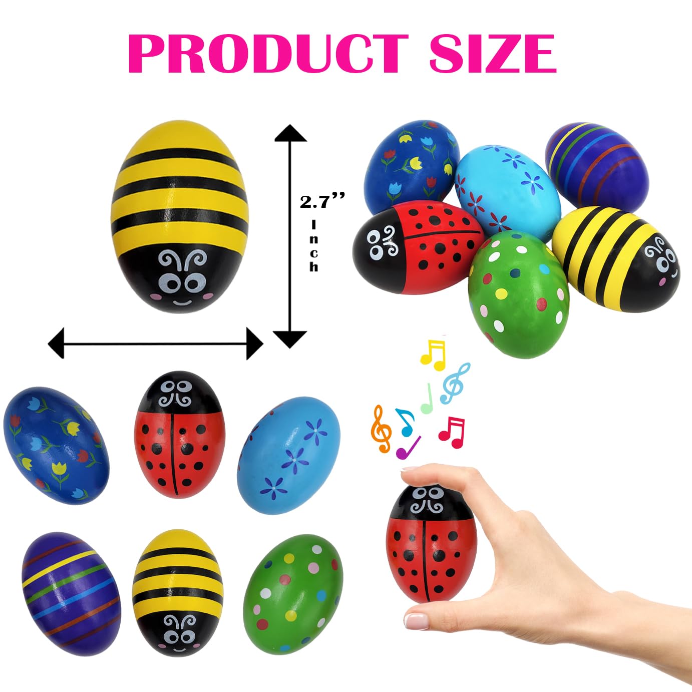 Huevos de Pascua de madera pintada suave con sonajero, perfectos para manualidades de Pascua, decoración y caza de huevos en cartón, 6.9 cm diseños surtidos (paquete de 6)