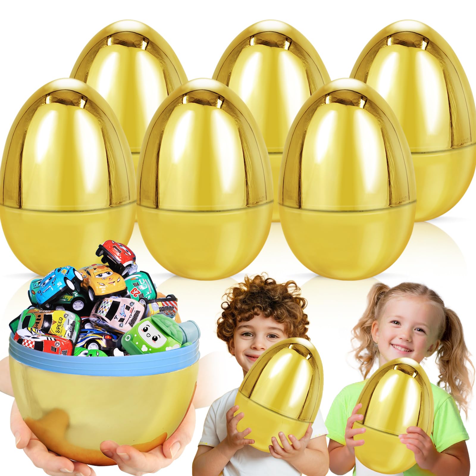 6 Count 8" Jumbo Golden Easter Eggs Plastic Empty Eggs Fillable Metallic Gold for Easter Hunt, Easter Basket Stuffers Filler Filling Treats, Easter Party Favor, Kids Classroom Prize Supplies Game