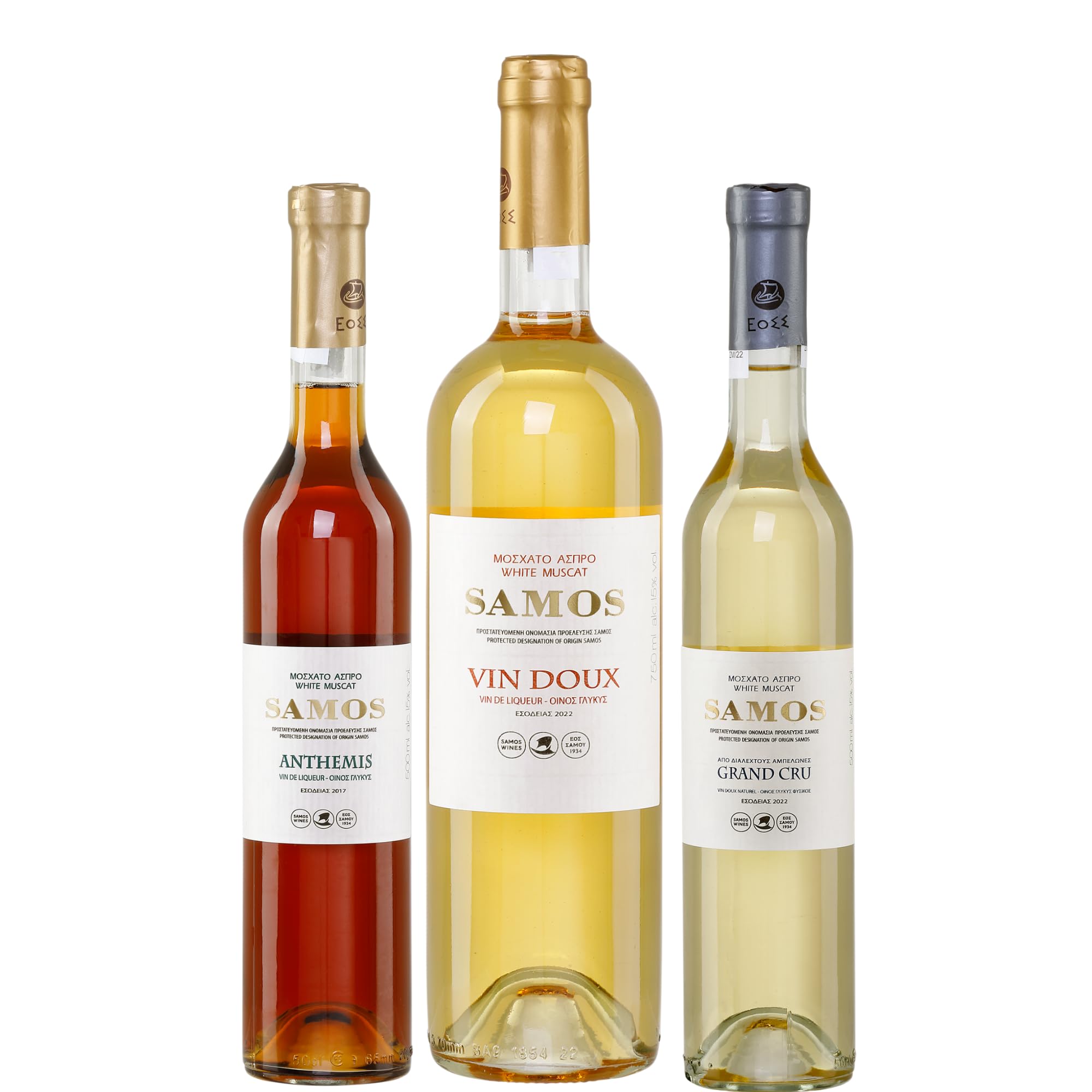 Samos Likörwein 3er Probierset | Samos Vin Doux 0,75l | Samos Anthemis 0,5l | Samos Grand Cru 0,5l | + 20ml Jassas Olivenöl