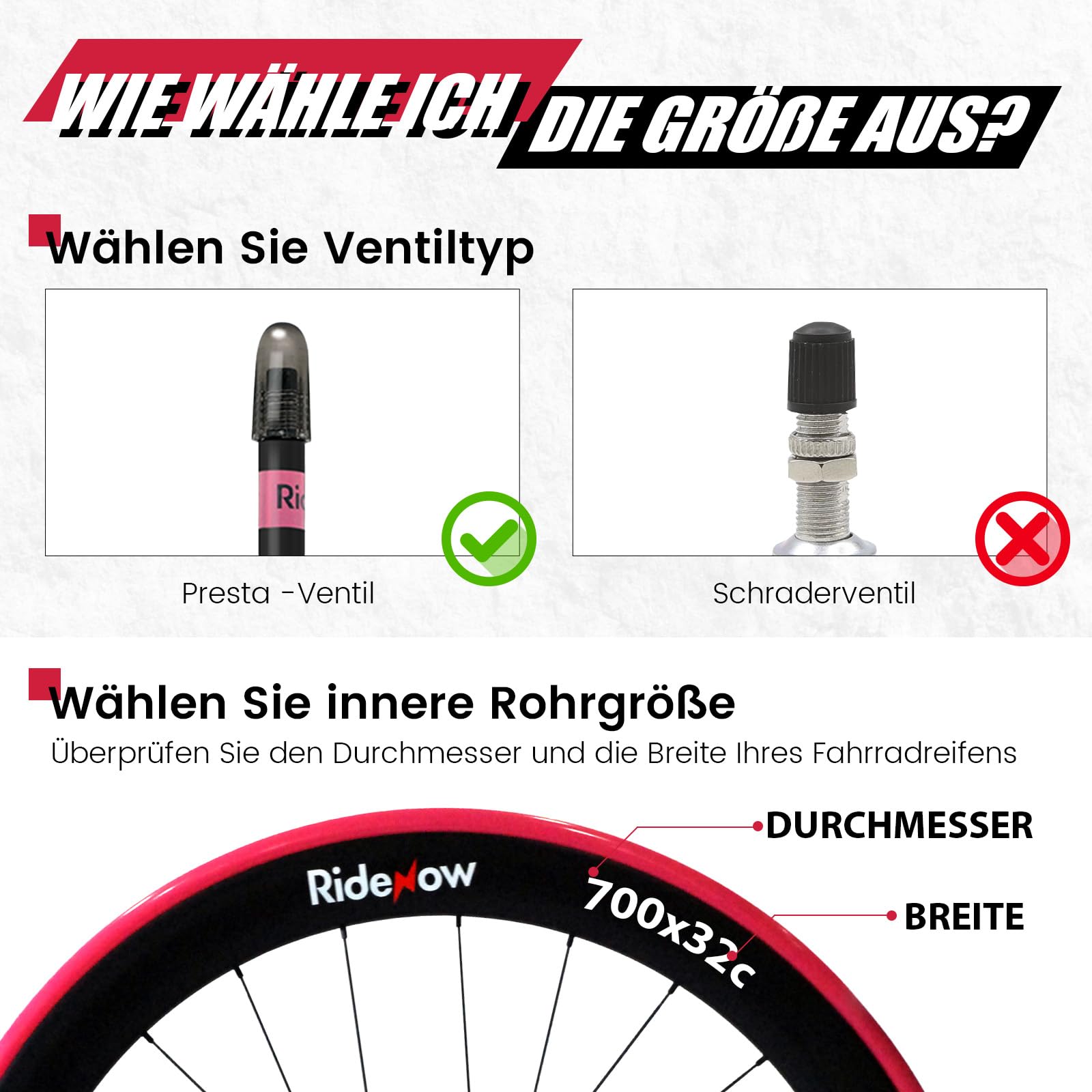RideNow TPU Schlauch Rennrad Gravel Bikes MTB E-Bike, 700x32-47C 26 Zoll 27.5 Zoll 28 Zoll 29 Zoll Fahrradschlauch, 2 Pack Ultraleicht Schlauch mit Presta Ventil 45mm/65mm