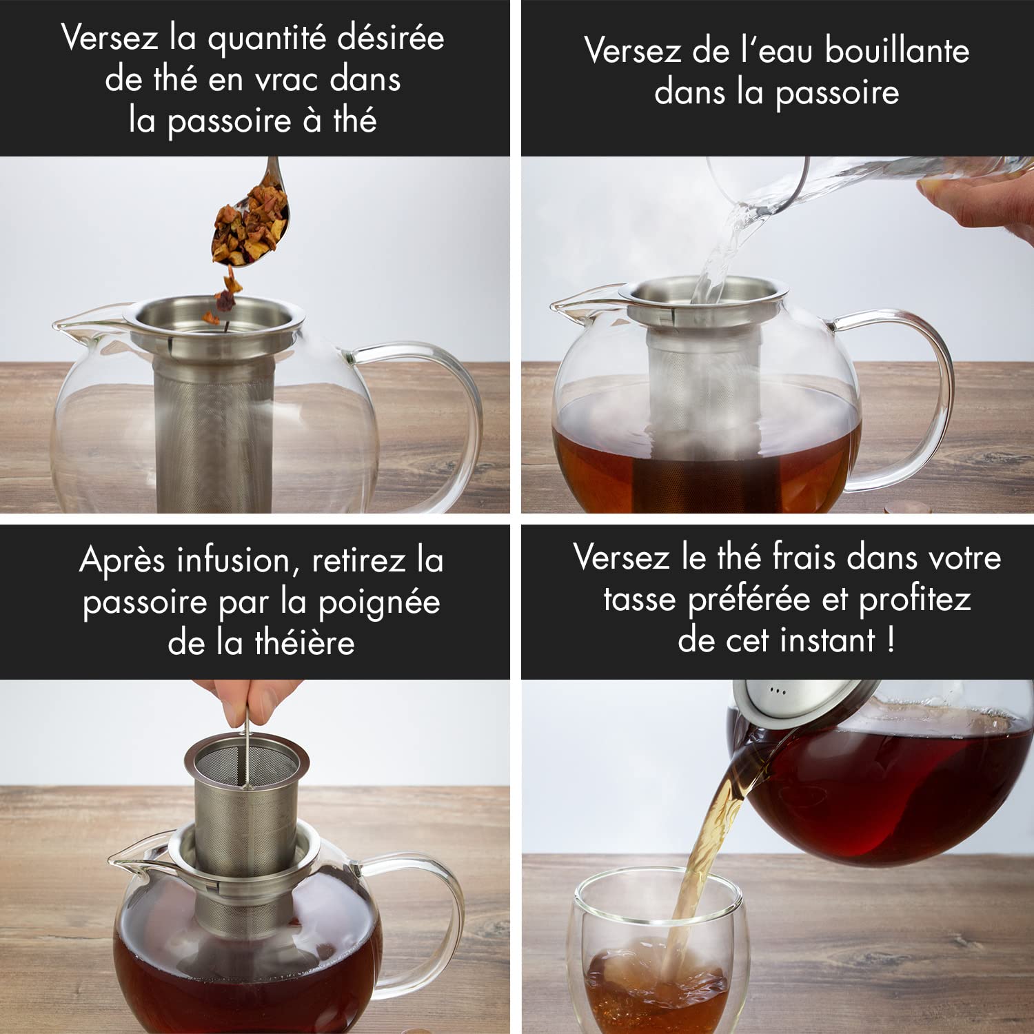 Théière en Verre Sans Chauffe (1,3L) - Avec Infuseur Inox, Élégante Poignée en Bois et Passoire en Acier Inoxydable