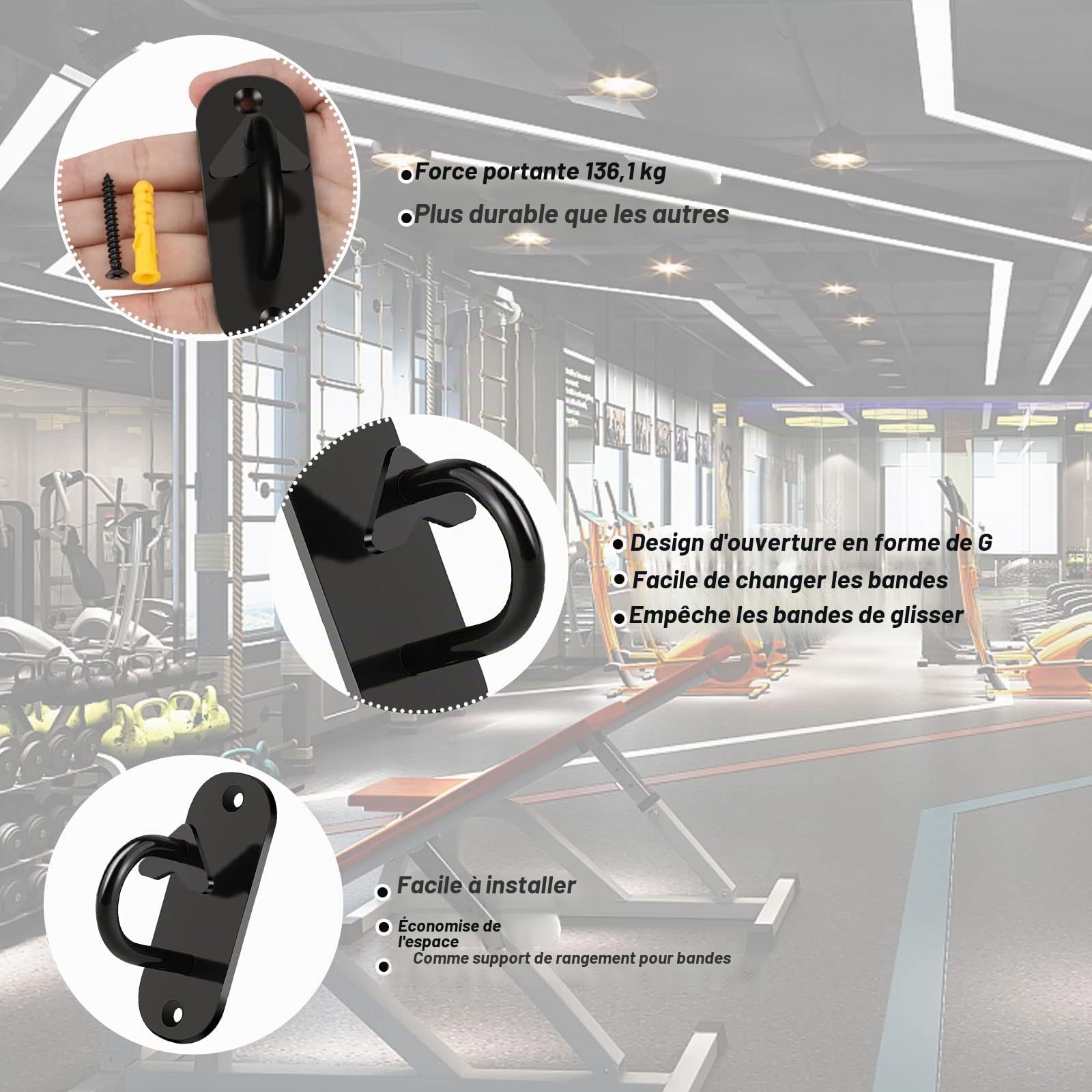 Lot de 3 ancrages de porte pour bande de résistance de gymnastique, mini crochet mural lourd, ancrage monté pour bande d'entraînement de suspension, musculation, physiothérapie, salle de sport à