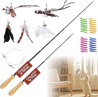 HezzLuv 15 STK in Set, 2 Einziehbarer Katzenangel lang, Interaktives Katzenspielzeug für Katzen mit 3 Katzenfederspielzeug und 2 Vogel, Katzen Spielzeug für Kitten, Ideal für Bewegung und Bindung product image