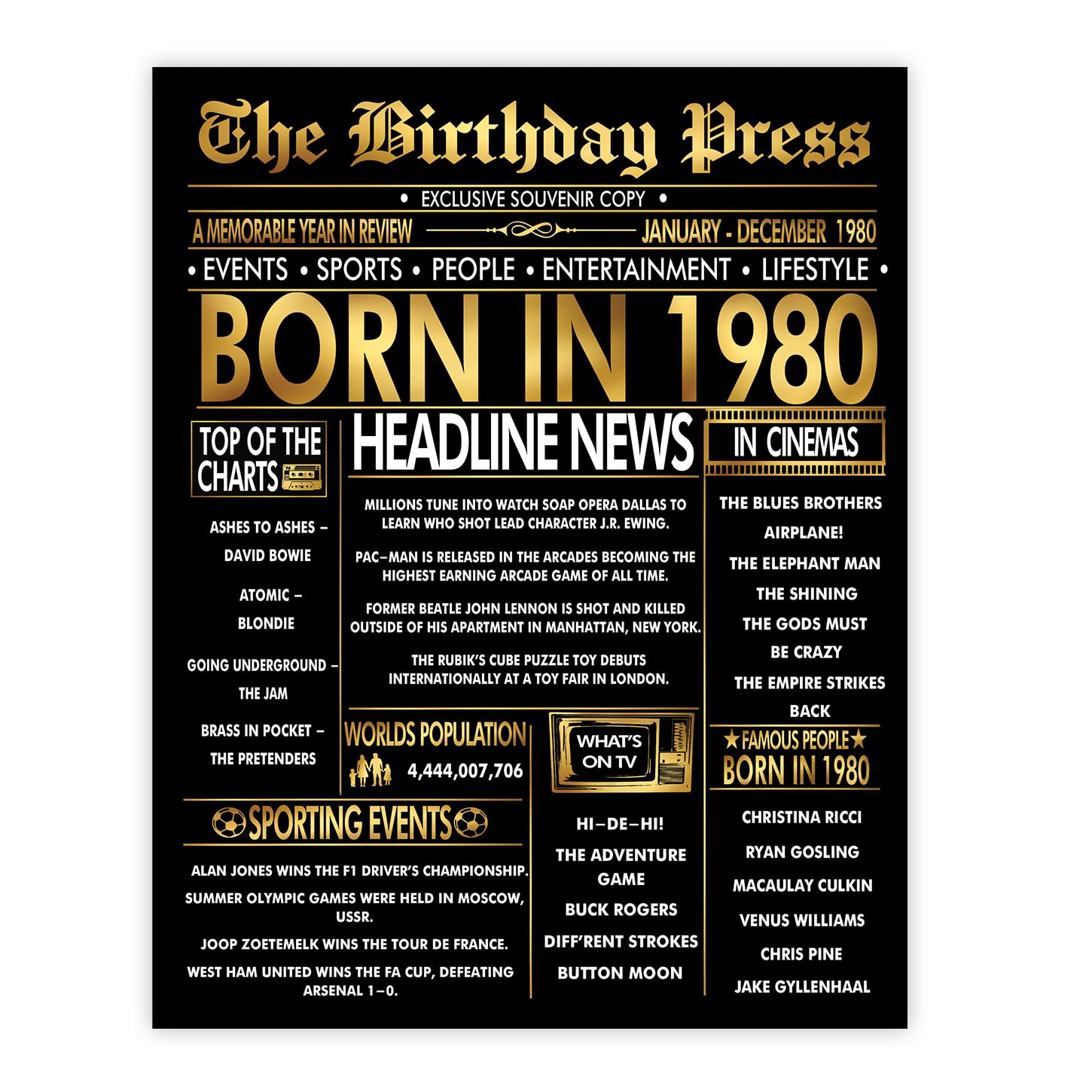 Stuff4 Gold 46th Birthday Poster Unframed, Golden Born In 1980 Newspaper