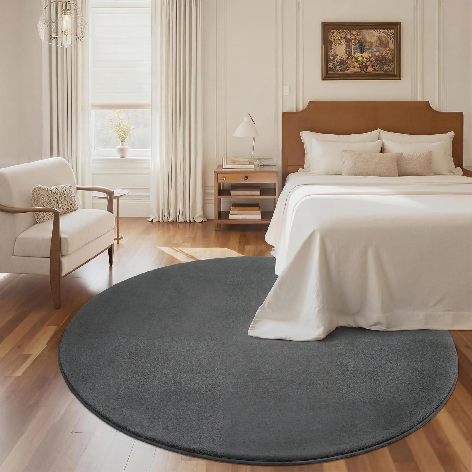 Homcomodar Teppich Rund 160cm Tiefgrau Kurzflor Wohnzimmerteppich Modern Teppich Schlafzimmer Anti-Rutsch Flauschiger Teppiche für Wohnzimmer,Schlafzimmer,Kinderzimmer,Esszimmer,Küchenteppich