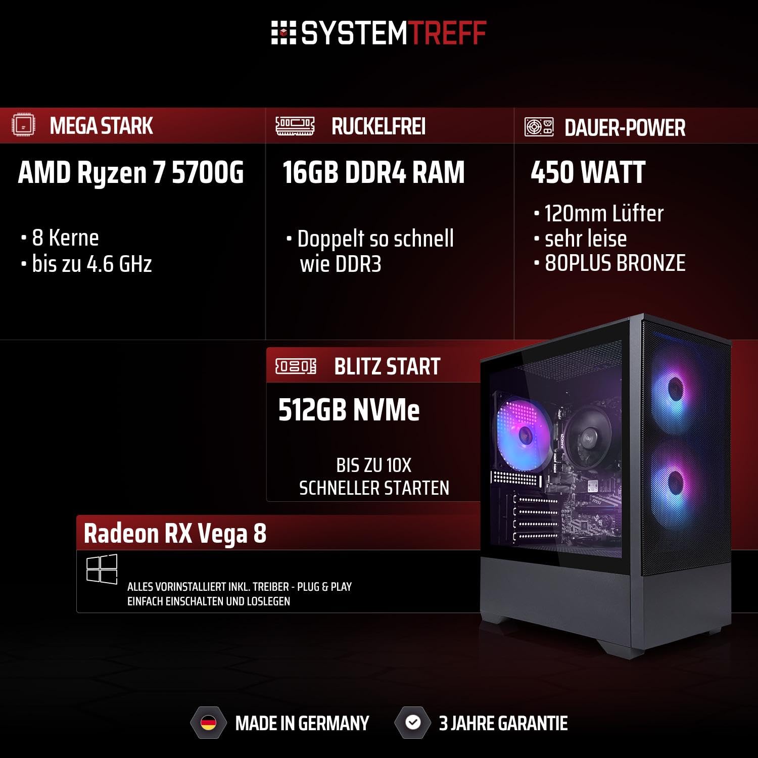 SYSTEMTREFF Basic Gaming PC AMD Ryzen 7 5700G 8x4.6GHz | Radeon RX Vega 8 4K HDMI DX12 | 512GB M.2 NVMe | 16GB DDR4 RAM | WLAN Desktop Computer Rechner für Gamer, Zocker