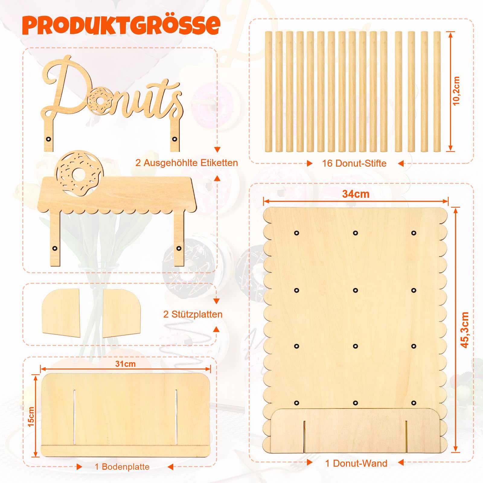6x Donut Ständer Aus Holz – Wiederverwendbare Donutwall Für Partys, Je 12 Löcher, Natur