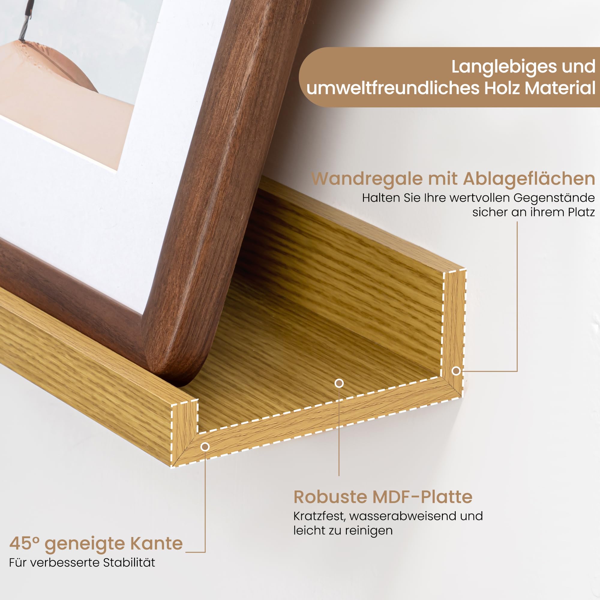 Feihorrm Wandregal Holz 60 cm, Eiche Regal Wand Bilderleiste für Bilderrahmen und Bücher 2er Set, Schweberegal aus MDF Holz, Regalbrett Wandboard für Küche, Wohnzimmer, Schlafzimmer & Arbeitszimmer