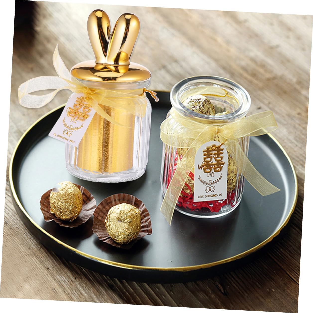 KALLORY Glass Candy Jar with Ceramic Bunny Lid, Overgild Sealed Candy Storage Jar for Wedding Party Favors and Dessert Display