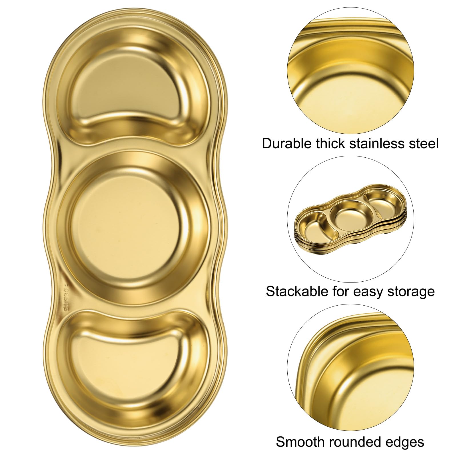 QUARKZMAN 10 Unidades De Cuencos Para Salsas De Acero Inoxidable Con 3 Compartimentos Redondos, Plato Para Condimentos Ideal Para Hogar Fiestas Restaurantes Picnic Viajes, Dorado