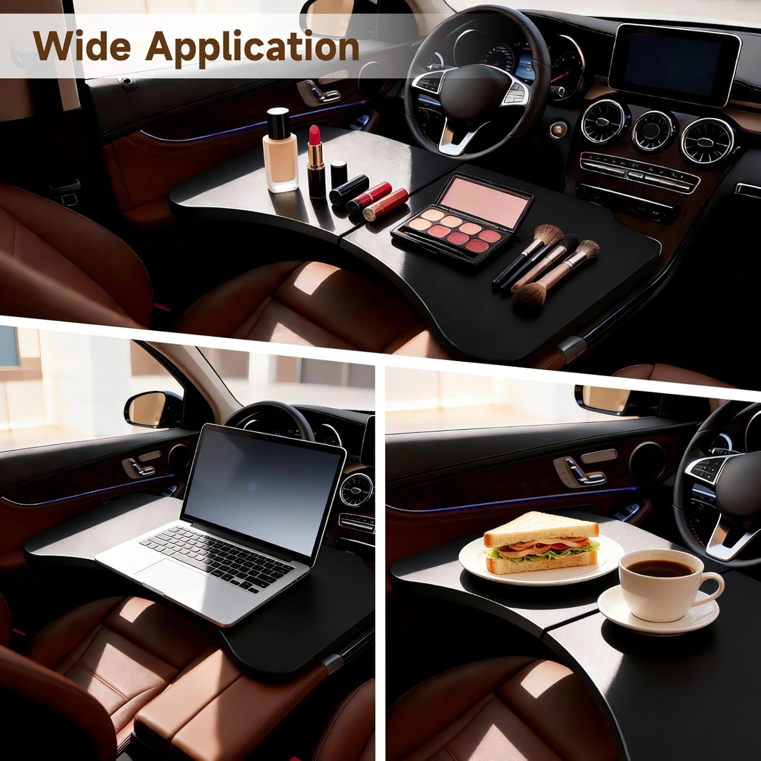 Foldable Car Table, Multipurpose Travel Car Tray Desk with Curved Design for Laptop, Dining & Entertainment, Universal Fit Tray for Most Vehicles (Black)