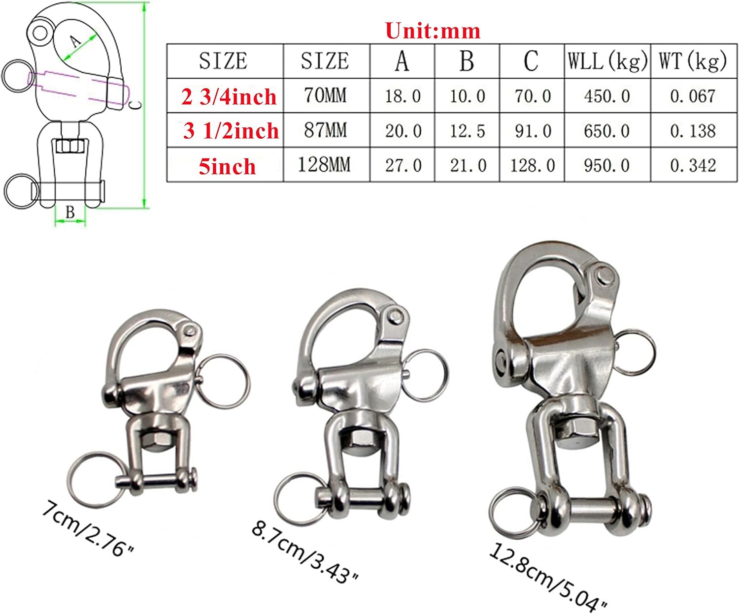 2Pcs Marine Swivel Snap Shackle， 316 Stainless Steel Quick Release Diving Clips Swivel Snap Hook for Sailboat Spinnaker Halyard Yacht