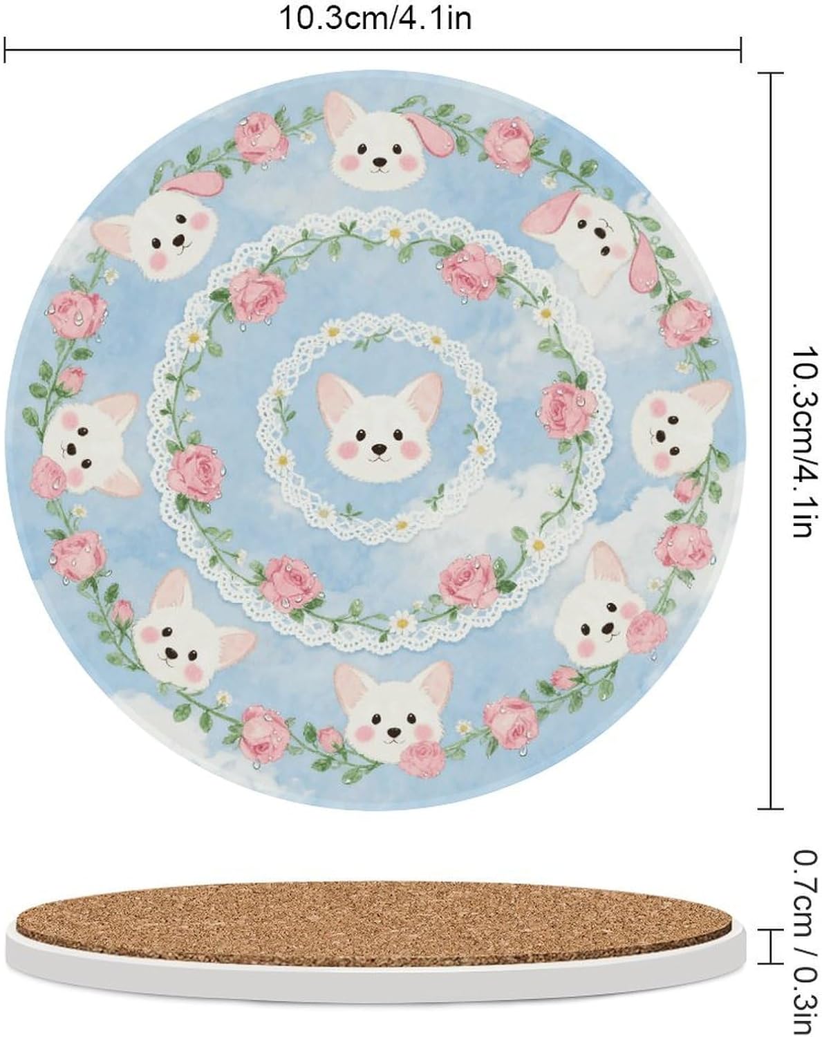 6PCS Corgi Floral Pattern Coasters Non-Slip Round Drink Coasters with Ceramic Stone and Cork Base, Heat Resistant Absorbent 33.00Stone Coaster Set for Kinds of Mugs and Cups, 4 Inch