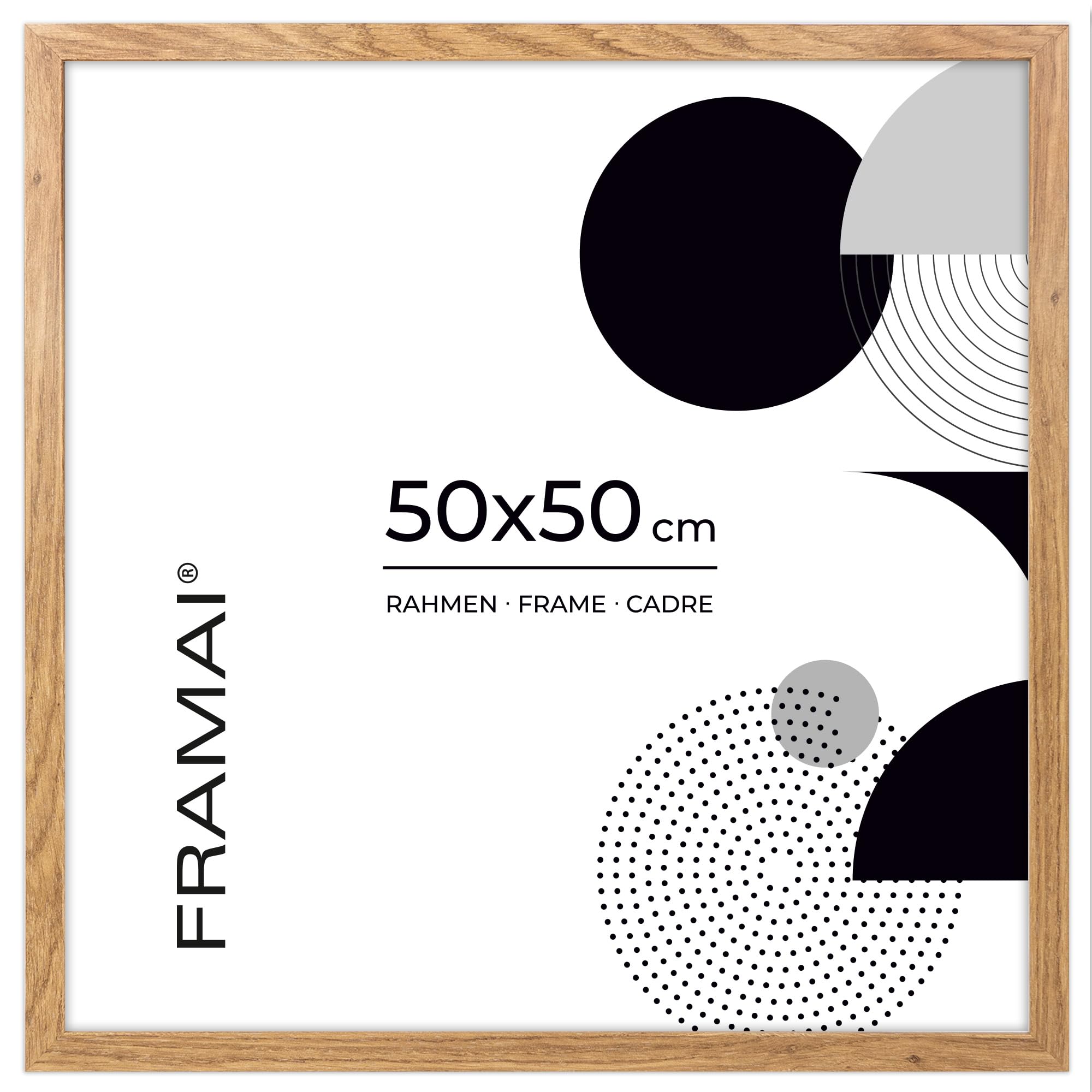 FRAMAI® Bilderrahmen 50x50 cm Eichenfarbe, MDF Umweltfreundlichem Rahmen mit Bruchsicheren Plexi, Aufhänger und Aufsteller