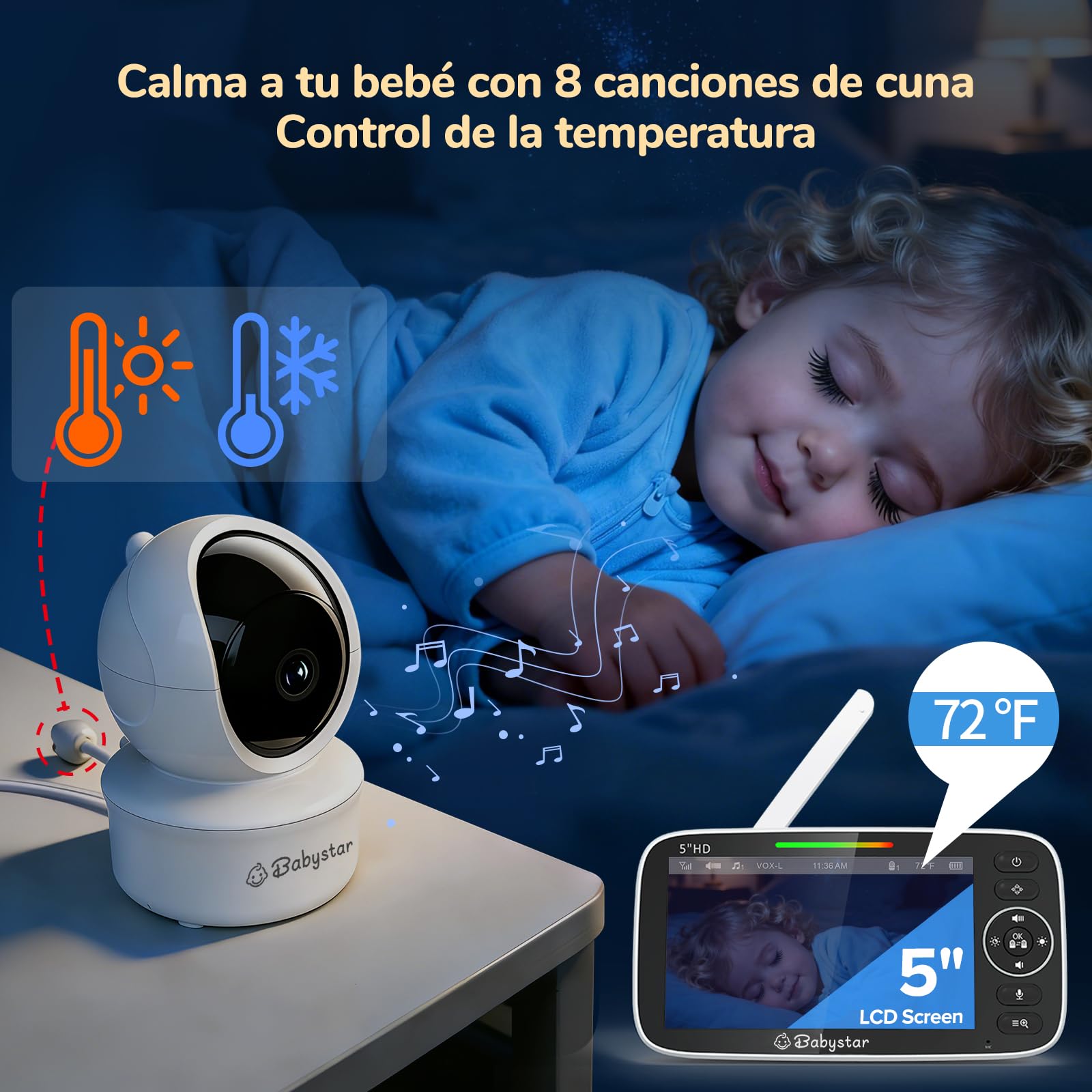 Babystar Camara Vigilancia Bebe 5" 720P HD IPS Rotación de 355° Vigilabebes con Camara Batería de 4000 mAh, Sin WiFi, VOX, Audio Bidireccional, 4×Zoom, Sensor de Temperatura y Aviso de Lactancia