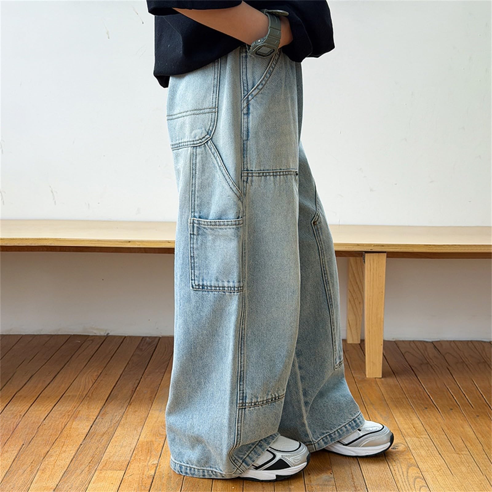 Jeans Baggy Jungen Cargohosen Geradem Bein Denim Hose Streetwear Retro Kinderhosen Loose Fit Hose Wide Leg Outdoor Freizeithose Teenager