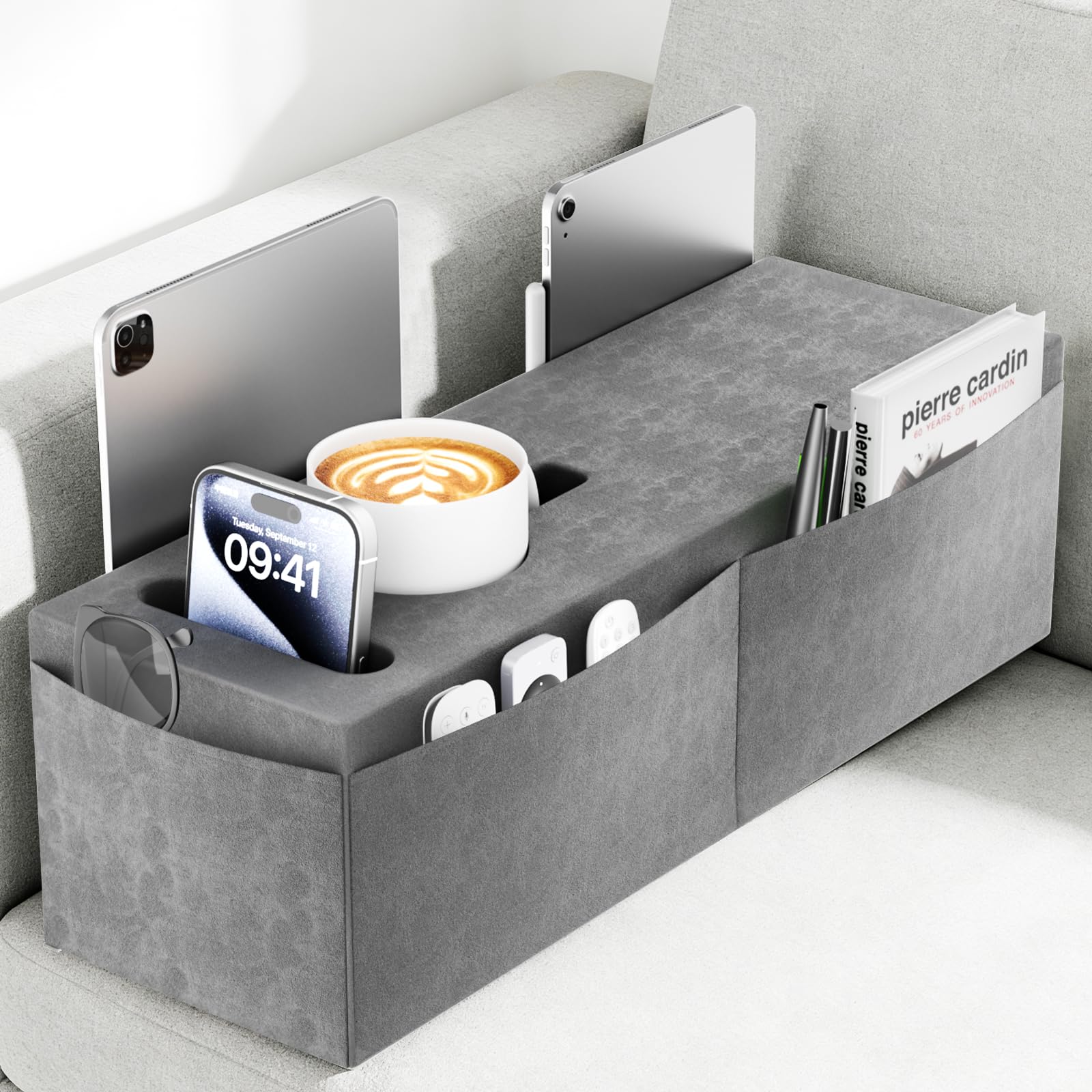 Heyife Couch Armrest Caddy with Cup Holder, Portable Sofa Armrest Pillow Drink Holder Table Tray with 5 Large Side Storage Pockets, Portable Sofa Rrmrest for Reading & Bed Rest Pillows Armrest