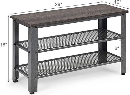 Miniatura 11 de Giantex Zapatero de 3 niveles, banco de zapatos industrial con 2 estantes de almacenamiento de malla y asiento para entrada, puerta delantera,