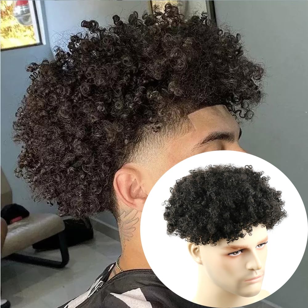 SIMBEAUTY Men's Curly Natural Toupee - Jet Black Hair System