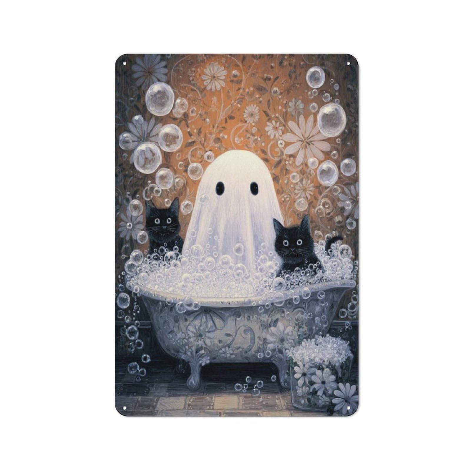 Junmoney Ghosts And Cats In Bubbles Tin Wall Plaque 30X20cm With For Bar Or Restaurant, Autumn Wall Decor For Hospitality Decor Collectors