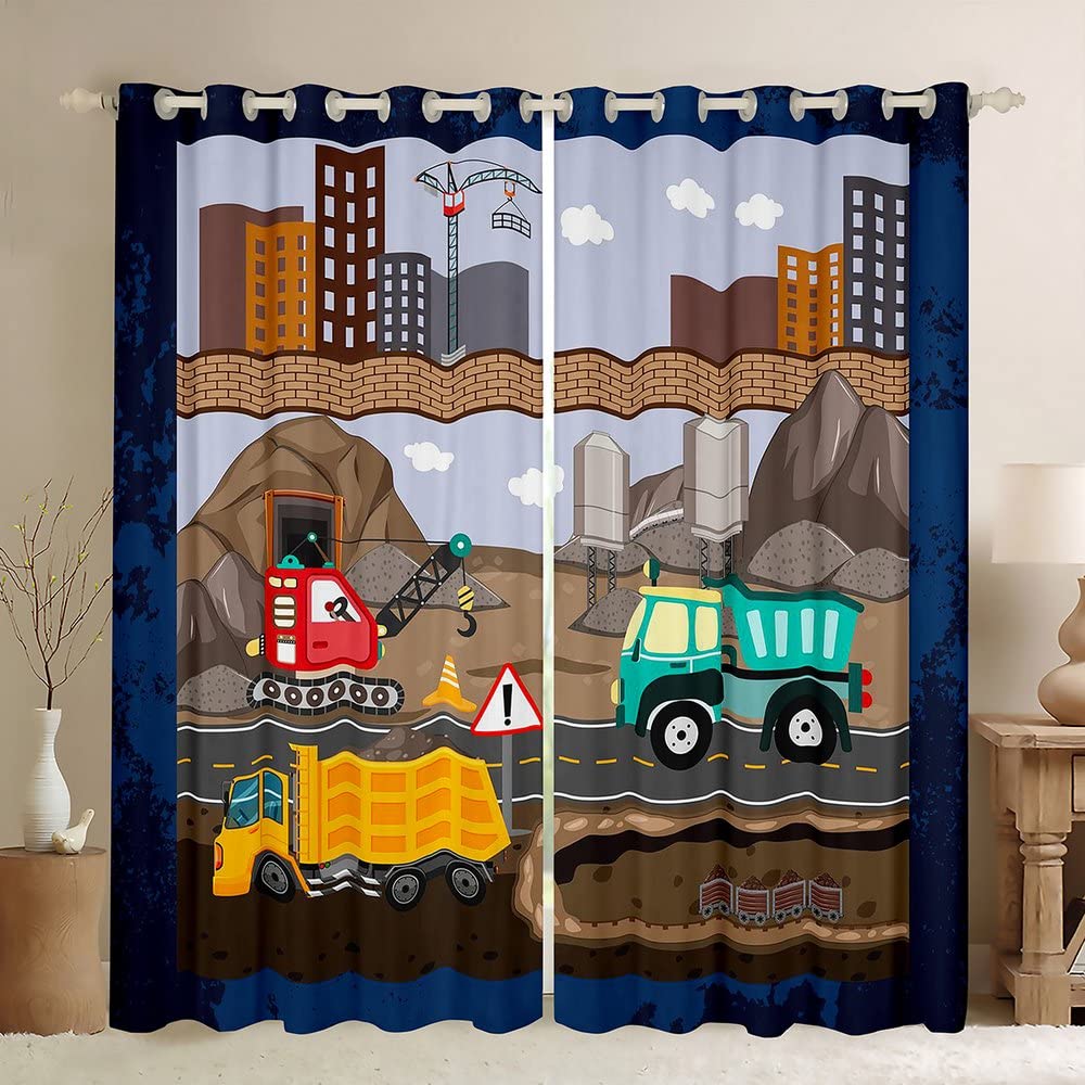 Cortinas Opacas para excavadoras de construcción de Dibujos Animados (30% – 50% – Cortina de vehículos para maquinaria Bulldozer Crane oscurecimiento Ventana Dreapes tratamientos de Ventana W66 x L
