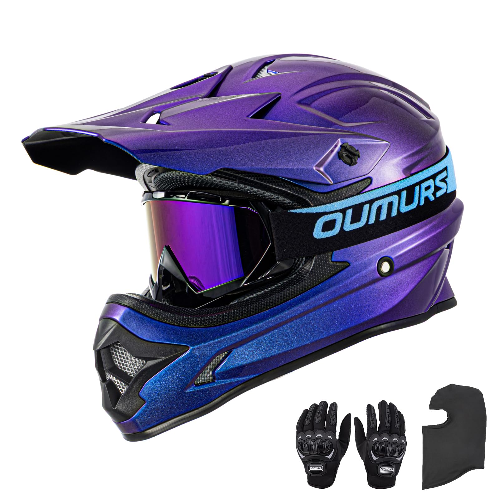 Photo 1 of OUMURS DOT Adult ATV Dirt Bike Helmet with Goggles Gloves & Mask Adjustable Sun Visor Motorcycle Adults Helmet Off-Road Motocross Downhill Moped MX for Unisex-Adult-Chameleon Purple , XXL