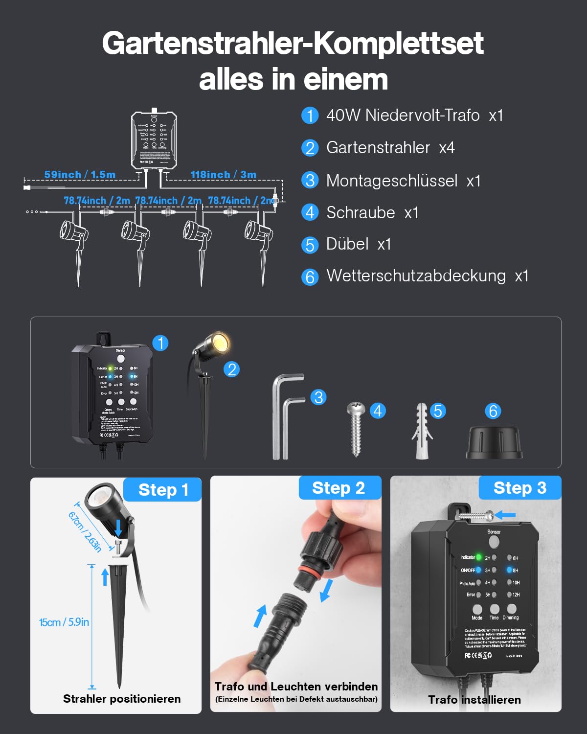 HIBOITEC 5W Dimmbar Gartenbeleuchtung 4er Set, Dämmerungssensor & Timer, 250LM 2700K Warmweiß Gartenstrahler mit 40W Transformator, IP65 Wasserdicht Gartenlampen für Draußen, Bäume