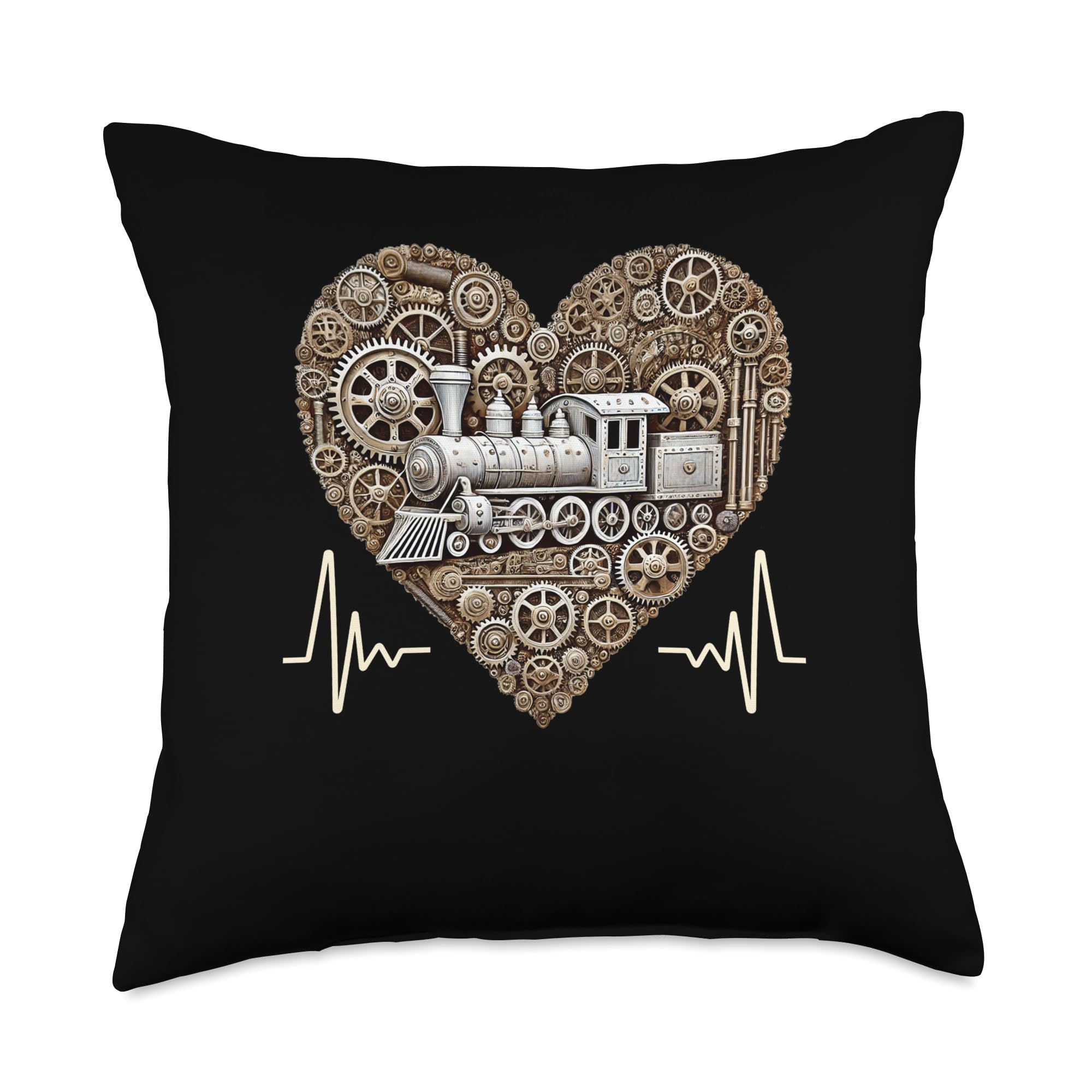 Vintage Train Heartbeat Steampunk Rail Locomotive Throw Pillow