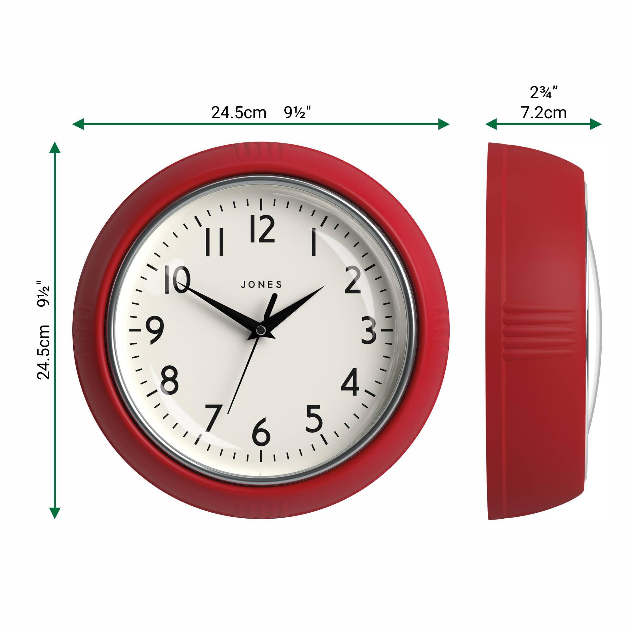 JONES CLOCKS® Ketchup Horloge Murale | Horloge Ronde rétro de Diner | 25cm | Rouge | Idéal pour la Cuisine, Le Salon, Le Bureau ou la Chambre à Coucher | des Chiffres faciles à Lire