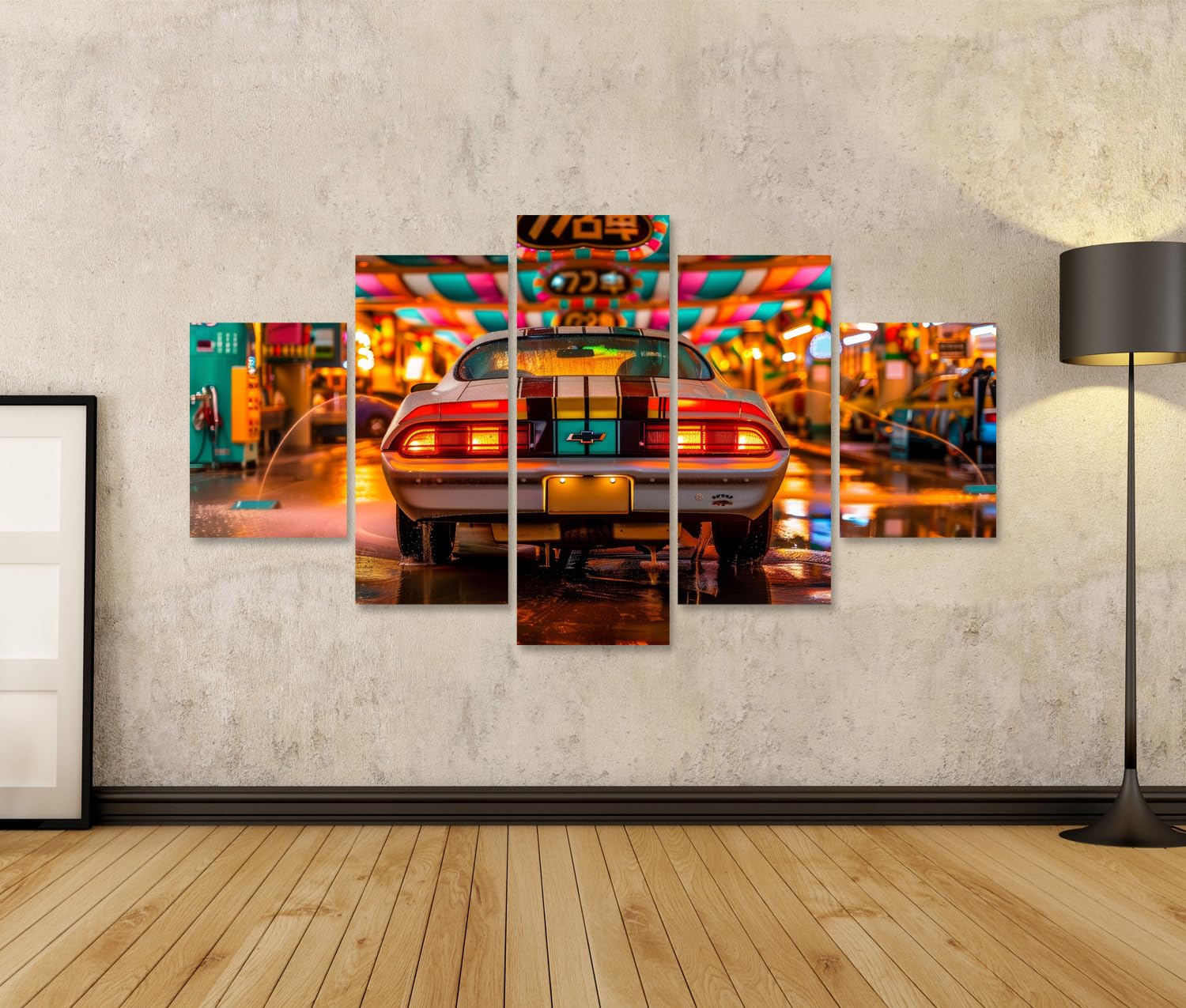 islandburner Pintura sobre lienzo, coche en callejón colorido lluvioso, sala de estar, fanáticos del coche, taller de automóviles, arte de pared, póster