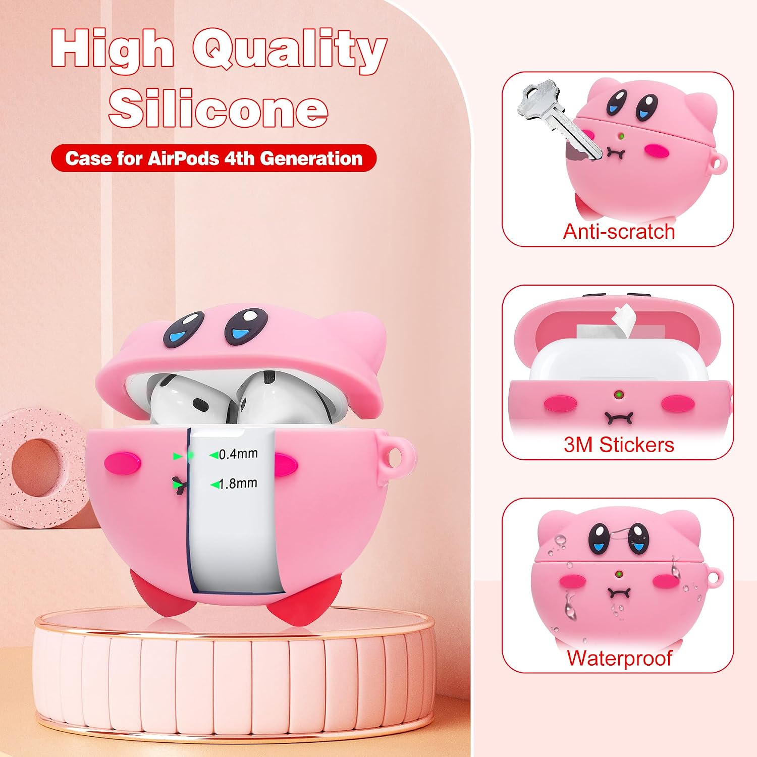 2 Pack Cute Case for AirPods 4th Generation Case, Anime Funny Soft Silicone Cover with Cleaning Kit & Keychain, Shockproof Protective Cover for Kids Women, for Apple AirPods 4 2024, Pink & Red