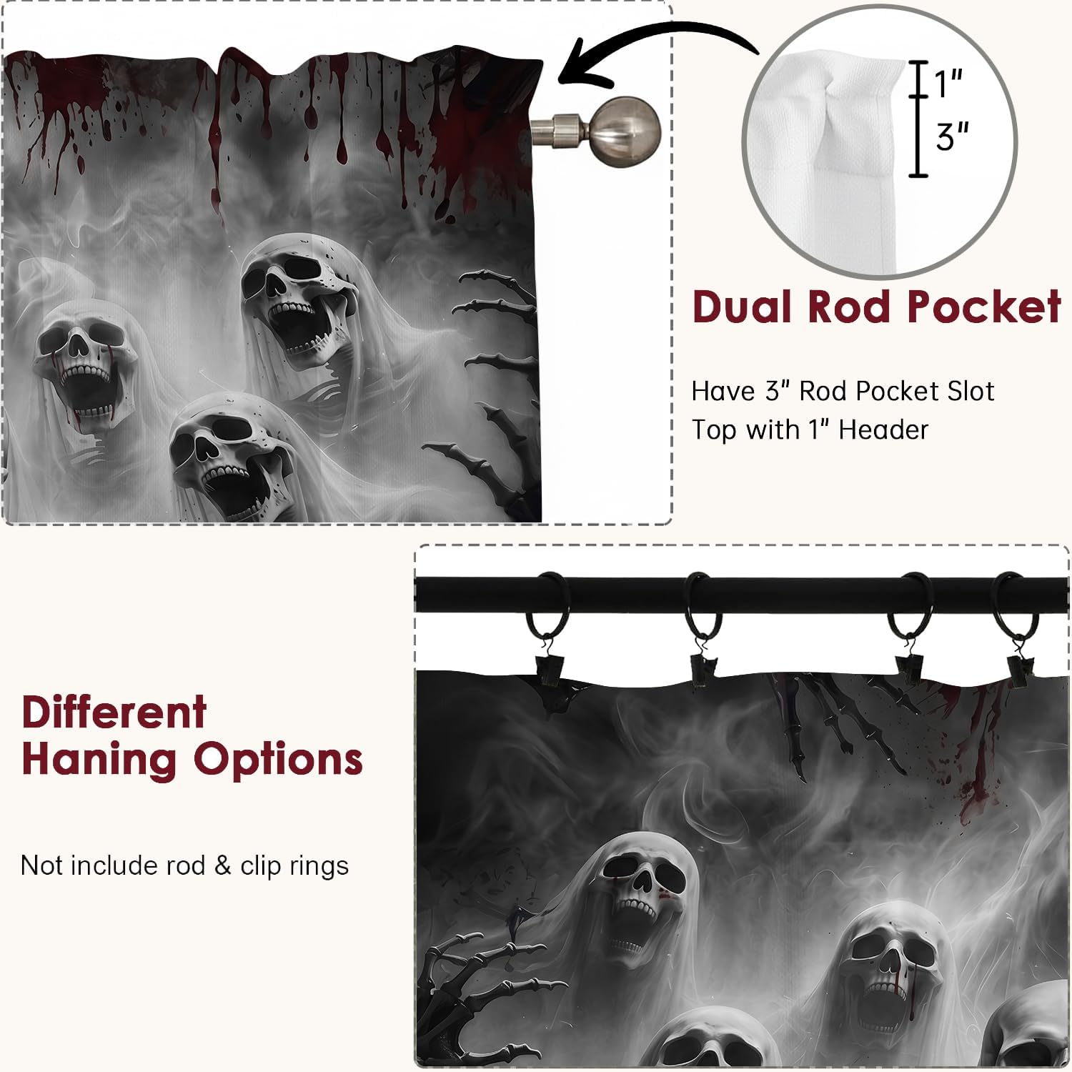 Halloween Kitchen Window Curtains and Valances Over Sink 3 Piece Set, Spooky Skull Kitchen Decor Halloween Short Kitchen Cafe Curtains 36 Inch Length for Bathroom Window