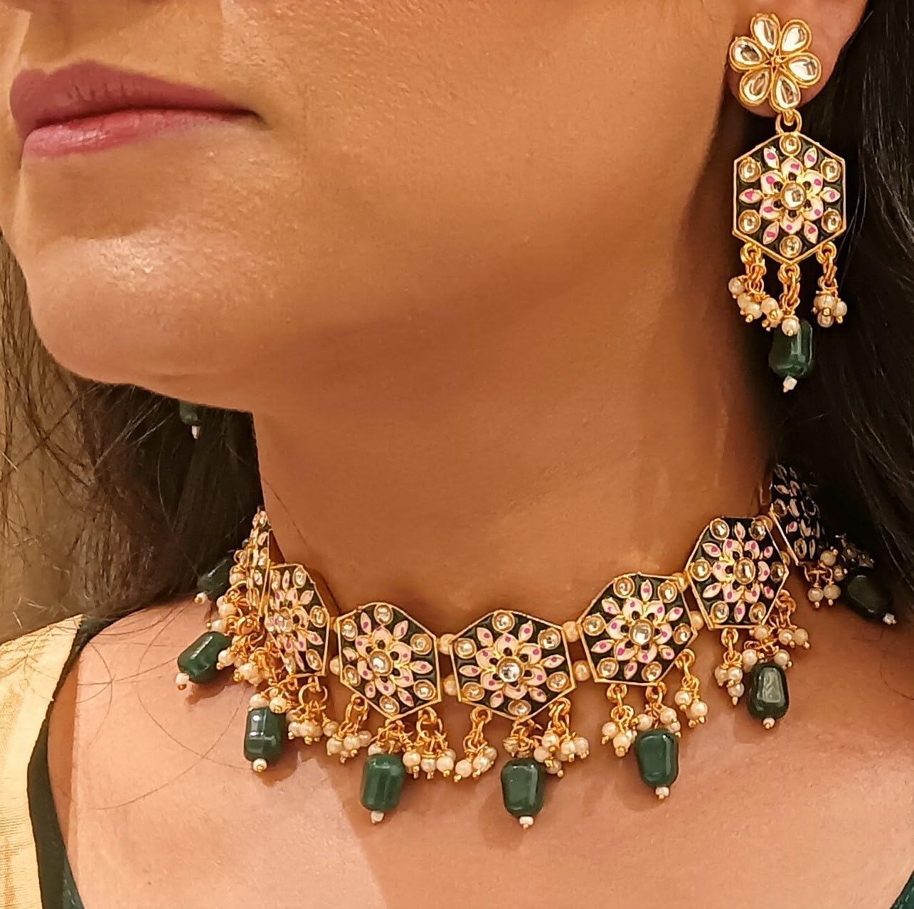 Efulgenz Meenakari Choker Set Indian Jewelry Crystal Kundan Faux Pearl Choker Necklace Earrings Maang Tikka Wedding Bollywood Bridal Jewelry Set for Women - Image 3