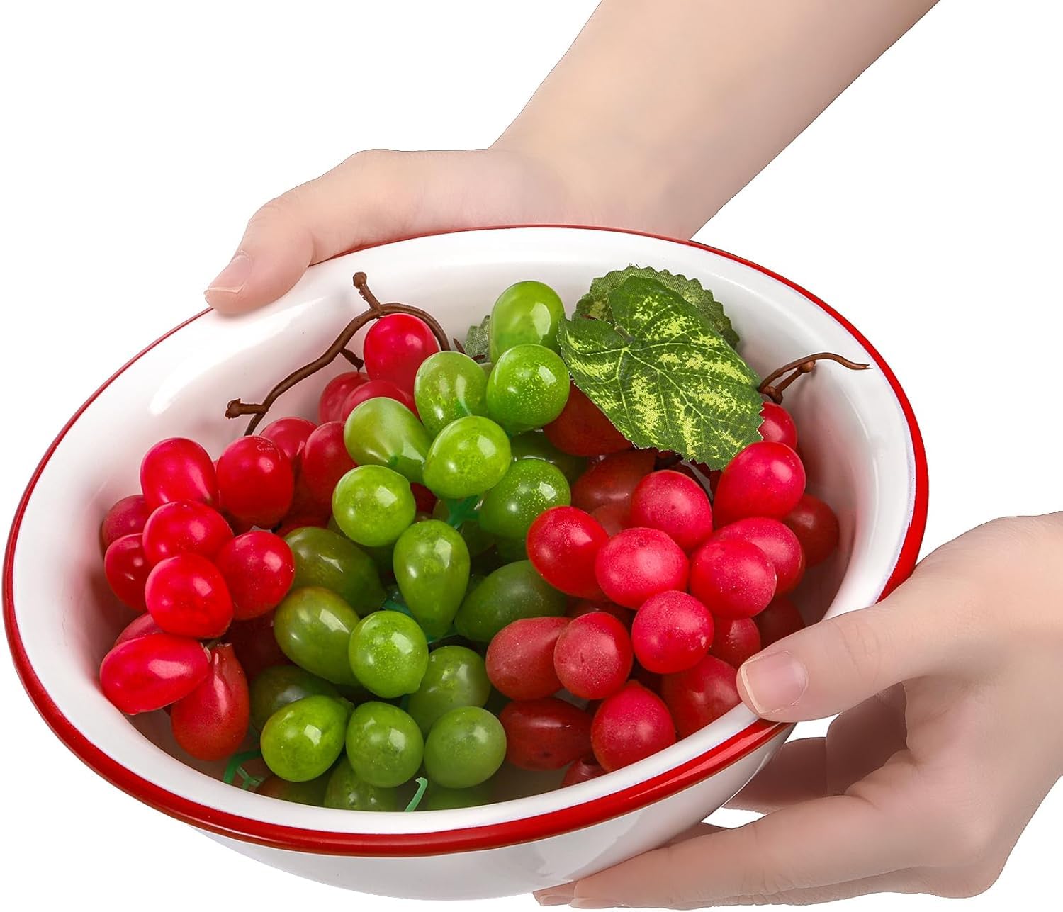 Elsjoy 3-pak emaliowanych misek 20 cm, duża emaliowana miska do mieszania, szeroka emaliowana miska do sałatki z czerwoną krawędzią, białe naczynia emaliowane do zupy, owoców, makaronu, 3 szt
